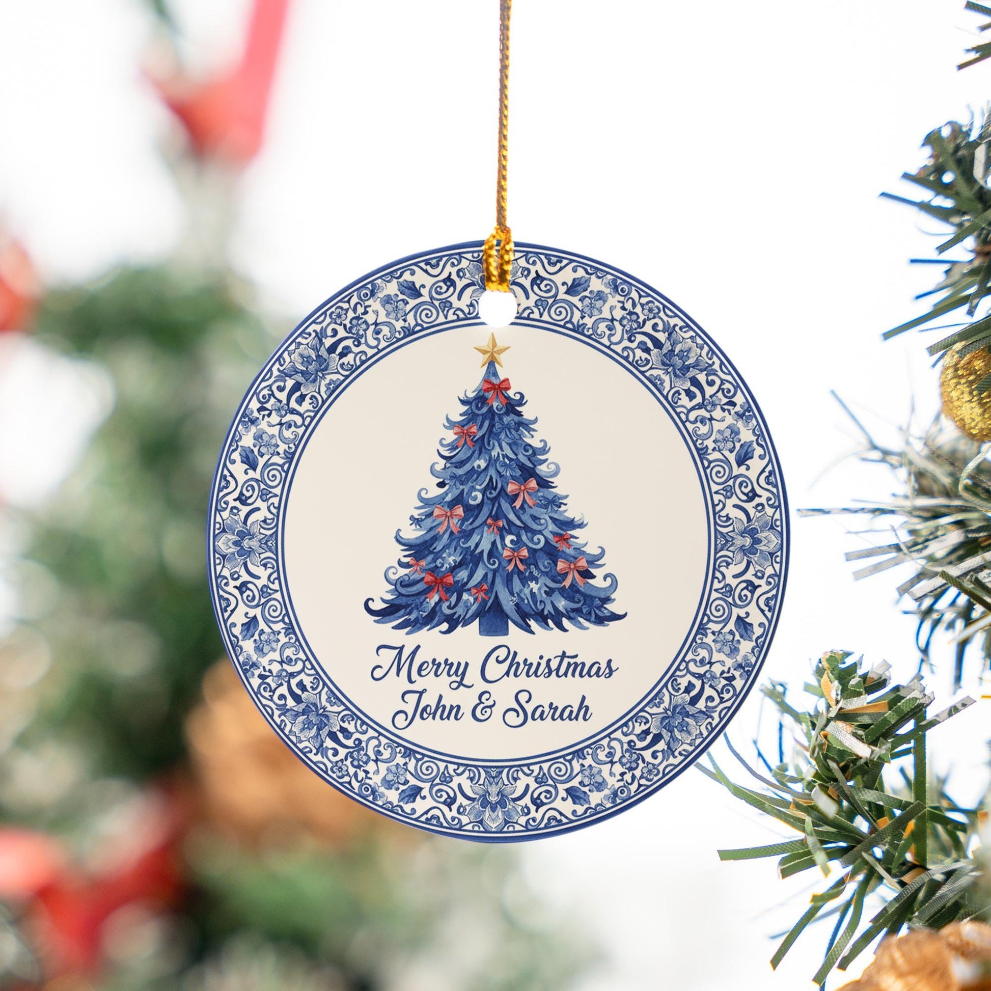 Personalized Round Ceramic Christmas Ornament — Custom Name and Tree Design — Blue & White Floral Decoration