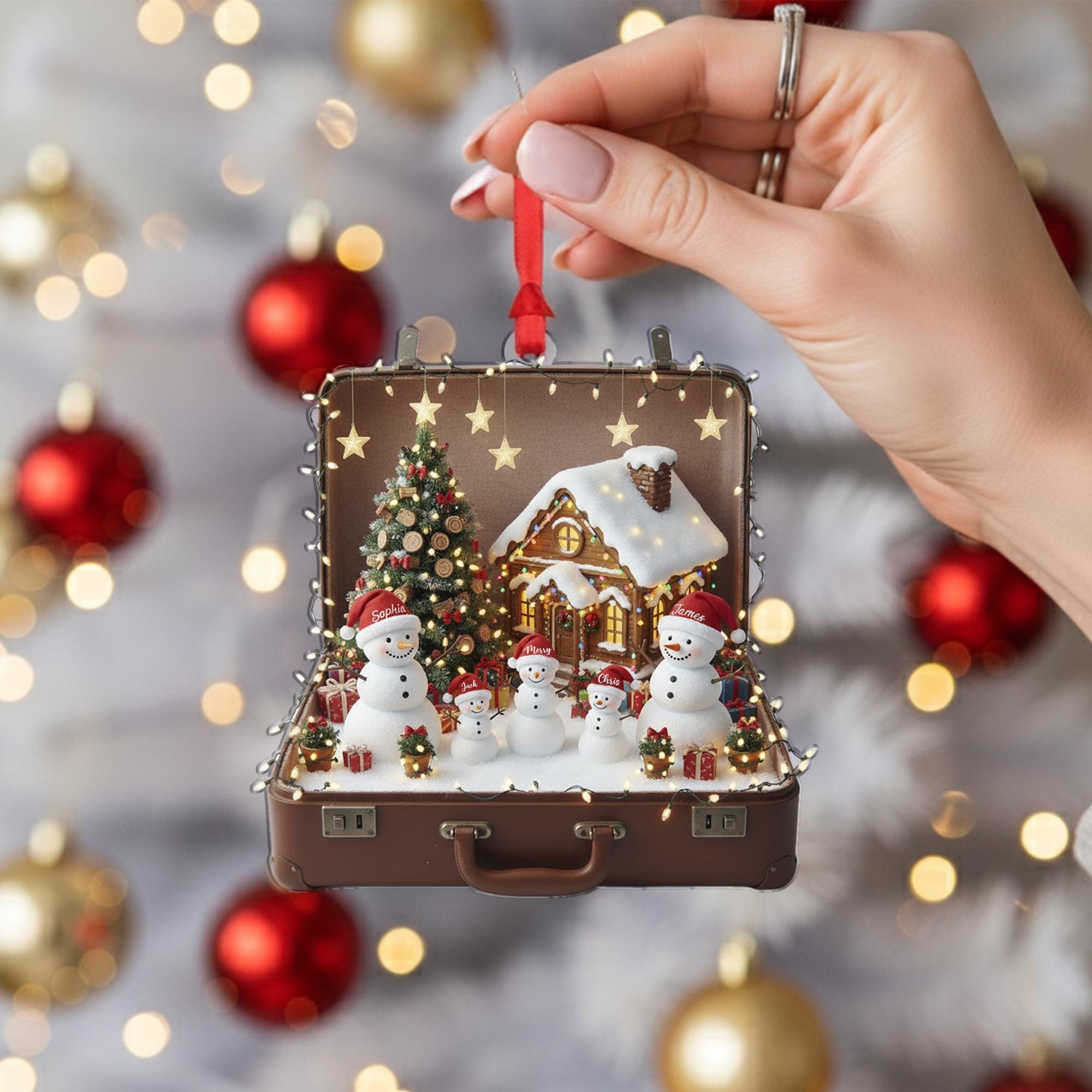 Personalized Snowman Ornament – Suitcase Design with Christmas Tree and House