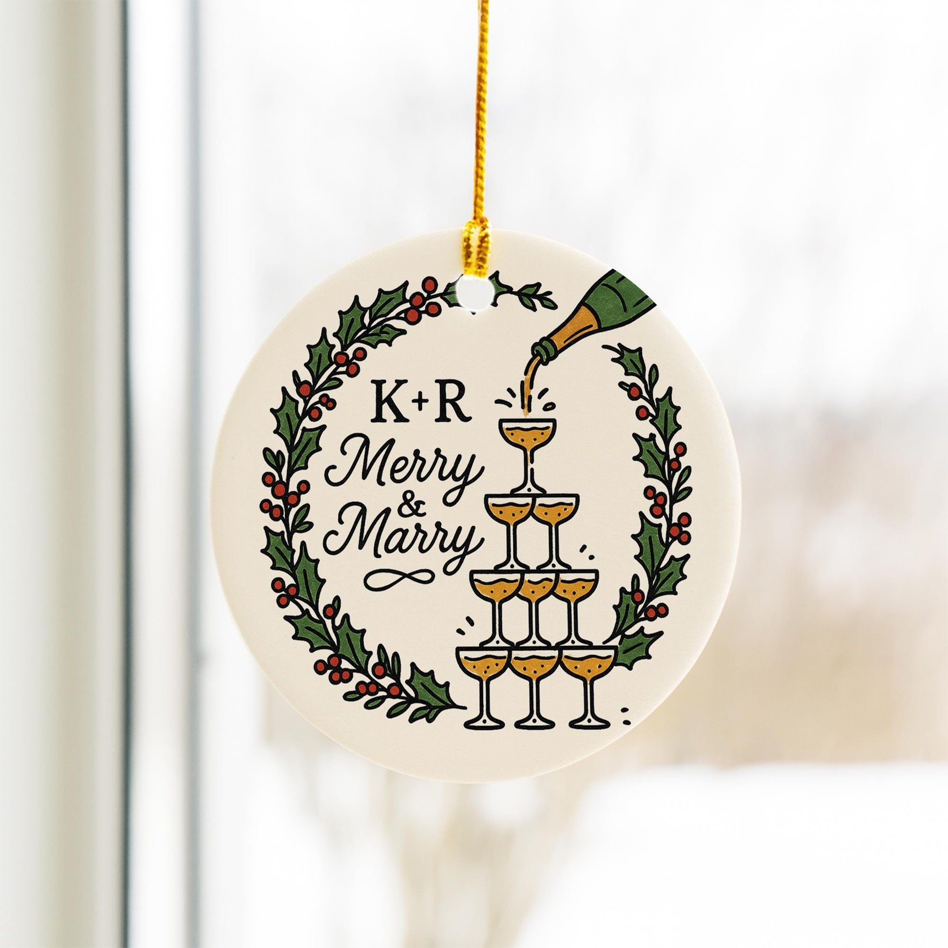 Custom Ceramic Ornament – “Merry & Marry” Name Initials and Champagne Design