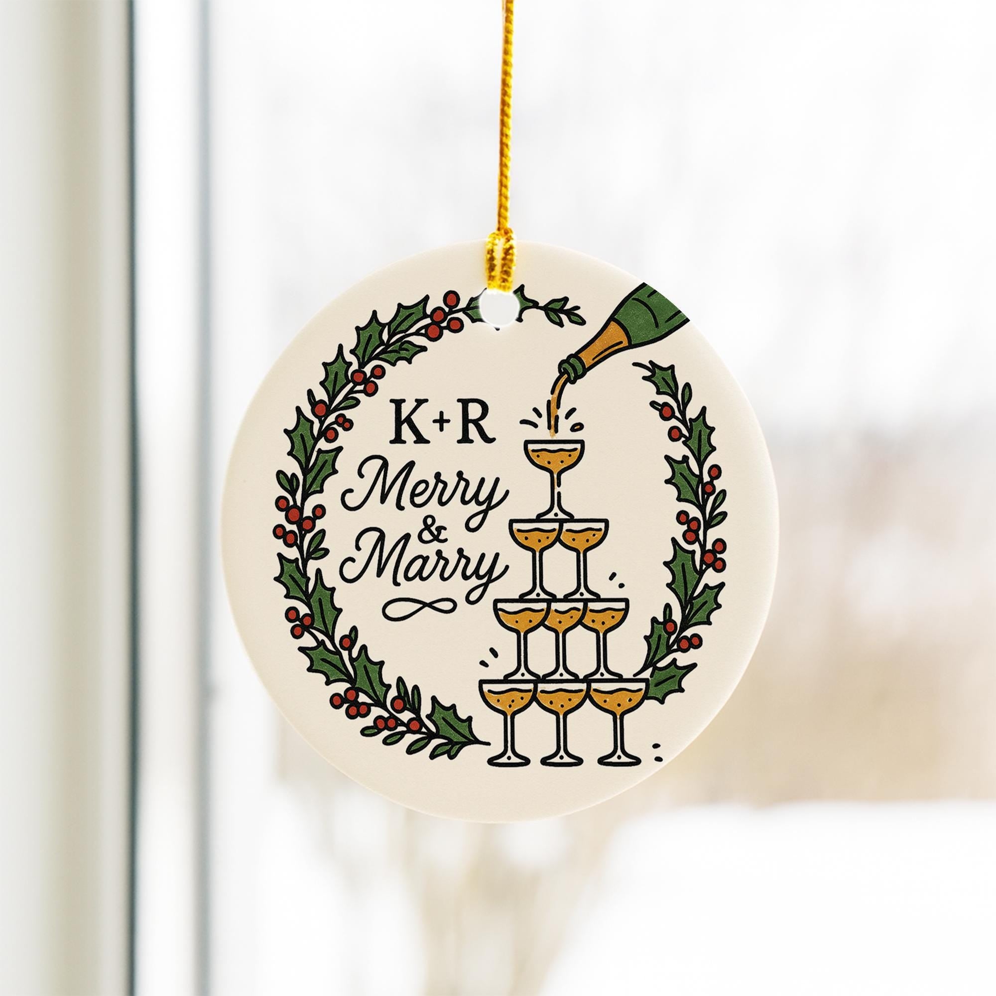 Custom Ceramic Ornament – “Merry & Marry” Name Initials and Champagne Design