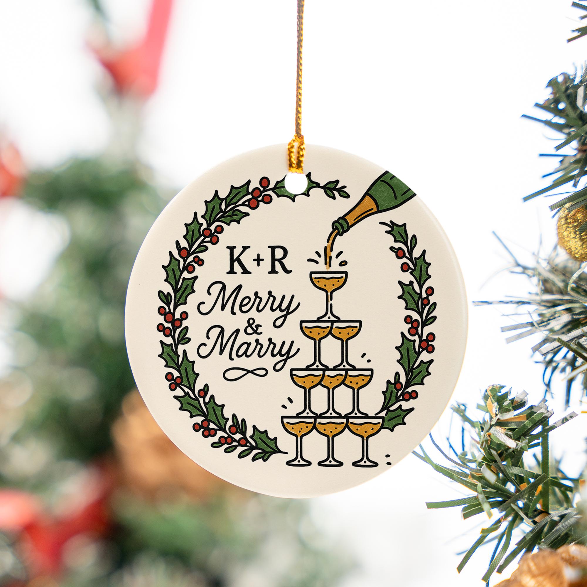 Custom Ceramic Ornament – “Merry & Marry” Name Initials and Champagne Design