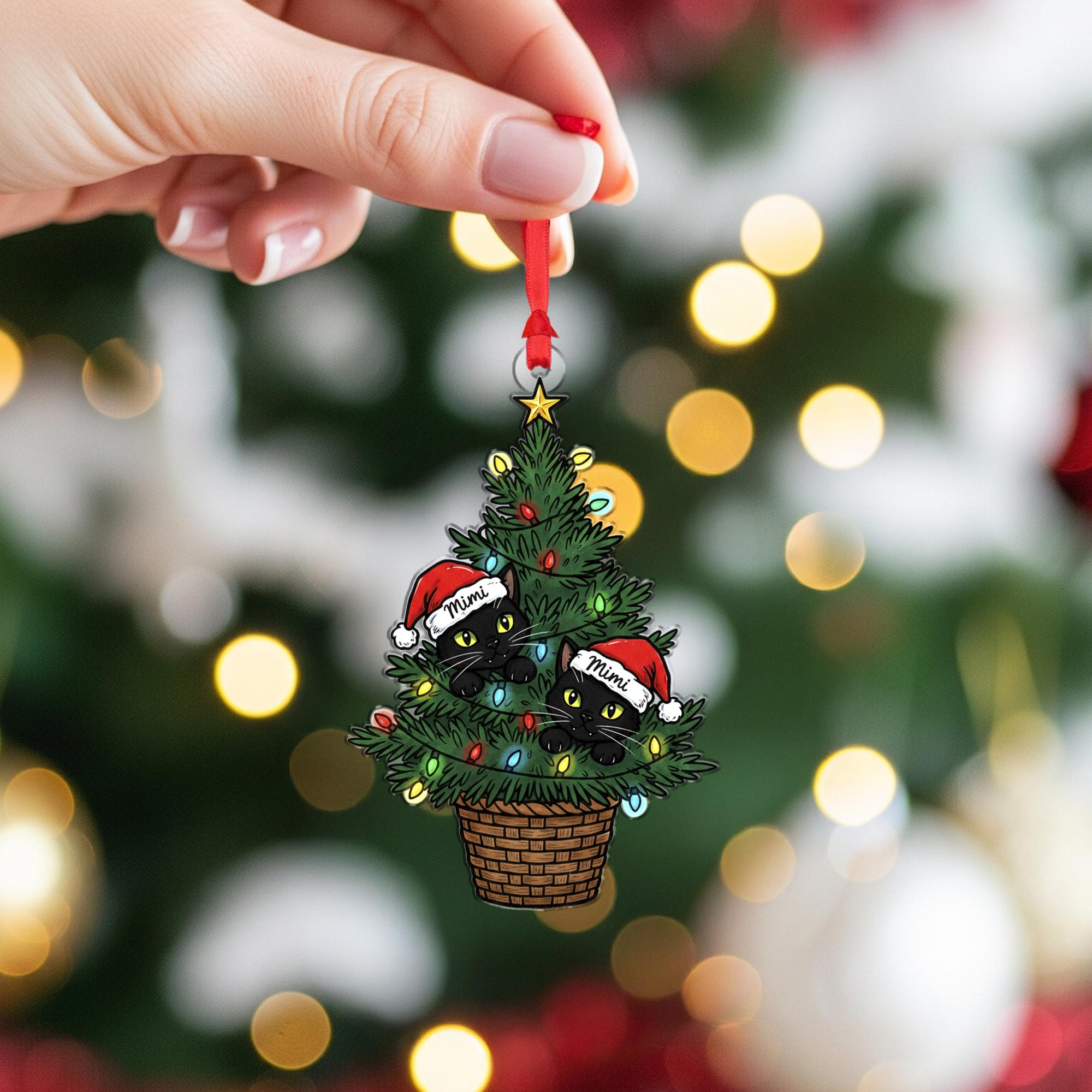 Christmas Tree Cat Ornament – Personalized Black Cat Santa Hat