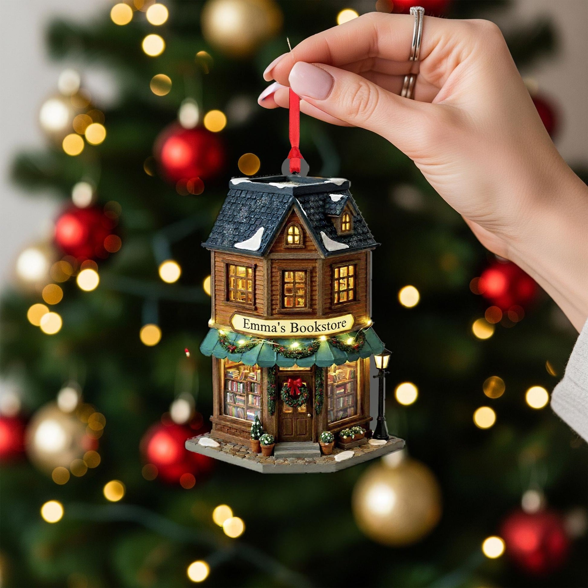 Personalized Cozy Bookstore Ornament: Custom Name Book Shop Christmas Tree Decoration image 5