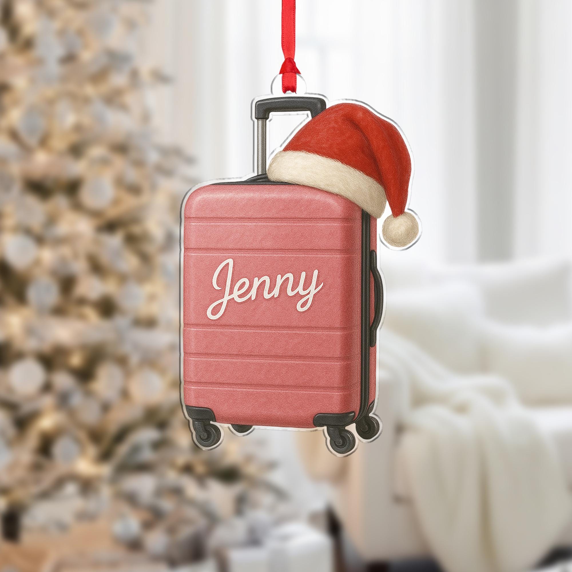 Personalized Suitcase Ornament – Luggage Design with Santa Hat