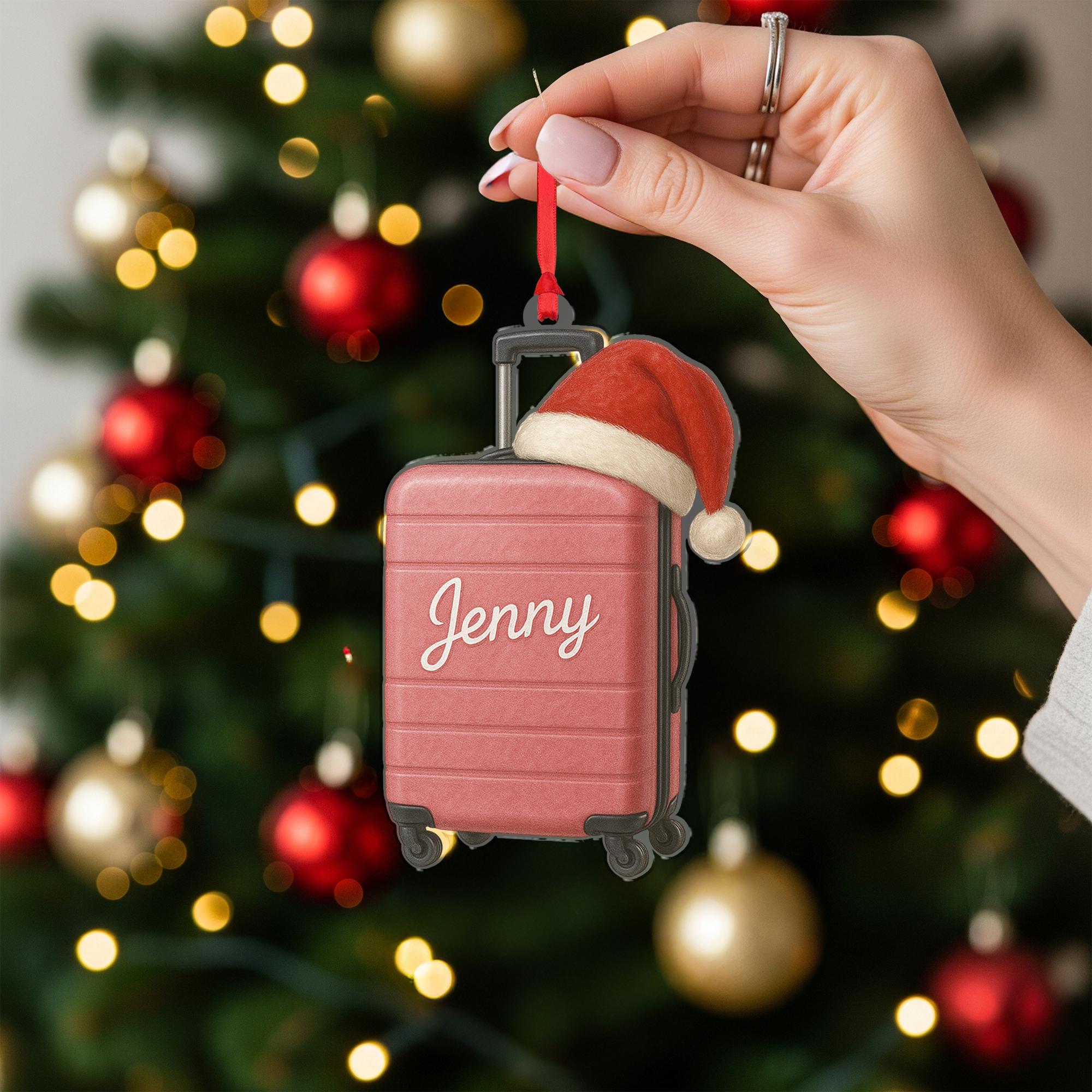 Personalized Suitcase Ornament – Luggage Design with Santa Hat