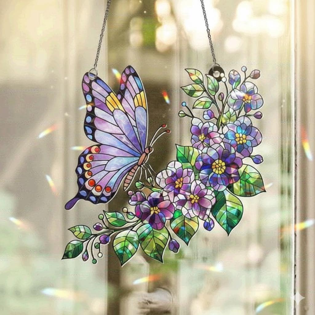 Butterfly Violet Window Hanging, Suncatcher, Floral Acrylic Panel