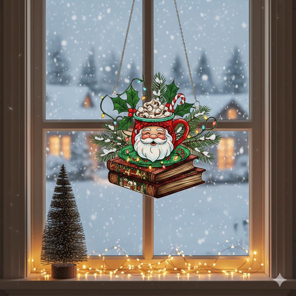 Christmas window hanging with Santa mug and books, coffee lover suncatcher