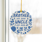 Baby Announcement Ornament, Ceramic Round, Personalized Est Year Text, Brother or Uncle, Blue Floral