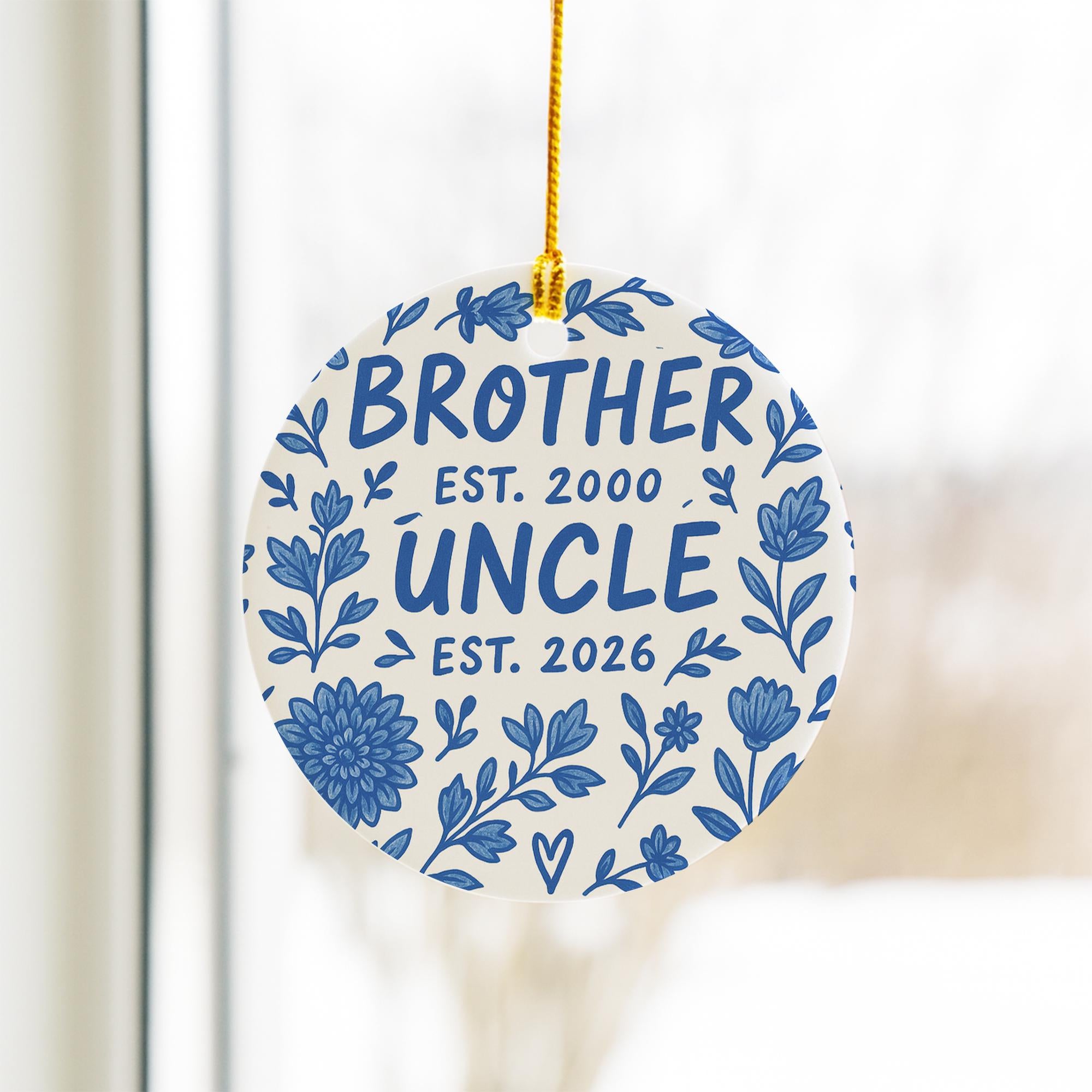Baby Announcement Ornament, Ceramic Round, Personalized Est Year Text, Brother or Uncle, Blue Floral