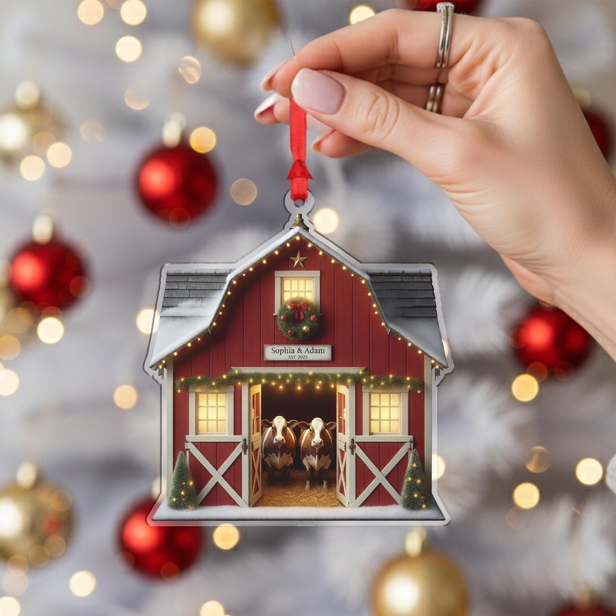 Cow Couple Barn Ornament — Personalized Farm Animal Christmas Tree Decoration
