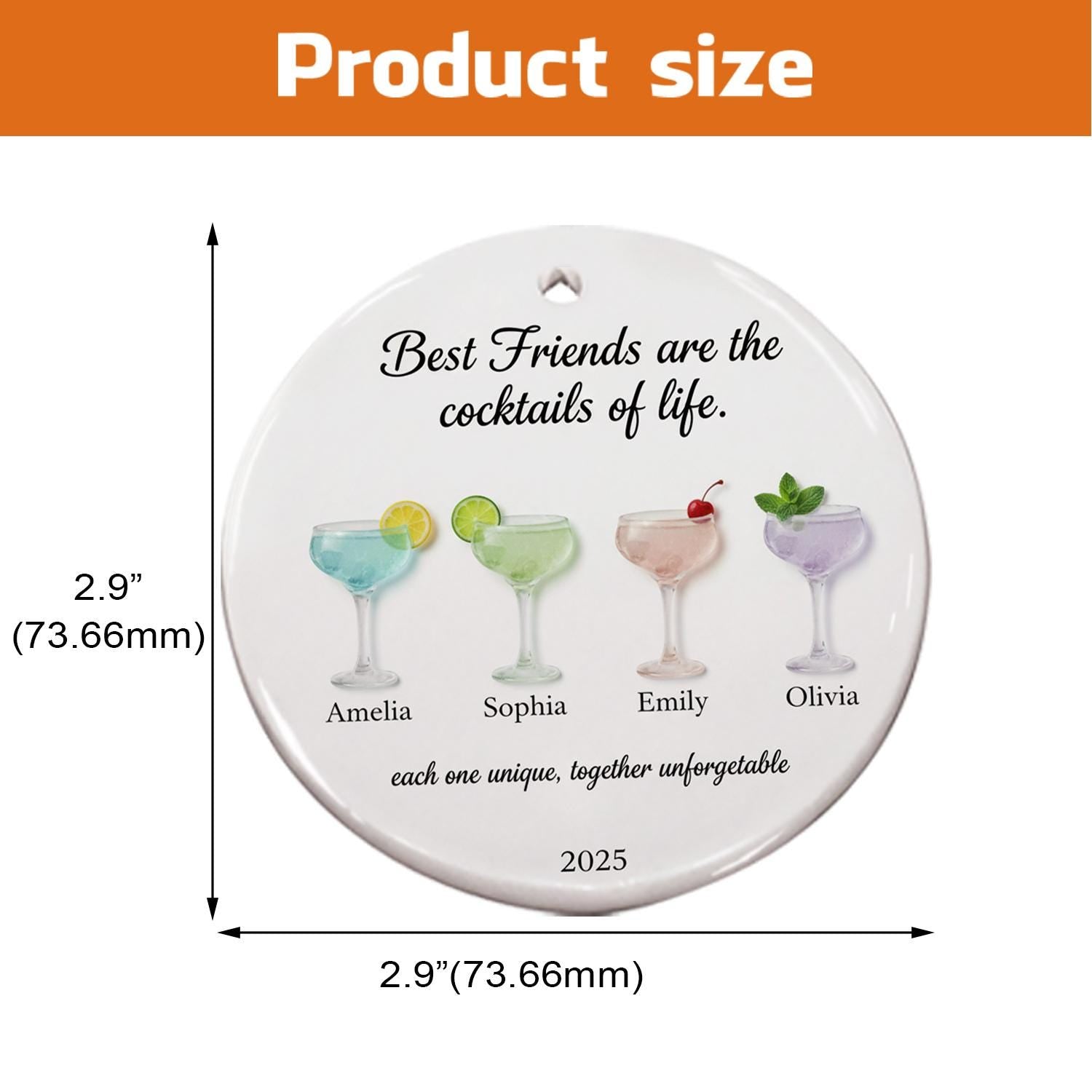Personalized Cocktail Ceramic Ornament – “Best Friends Are the Cocktails of Life” – Name & Year