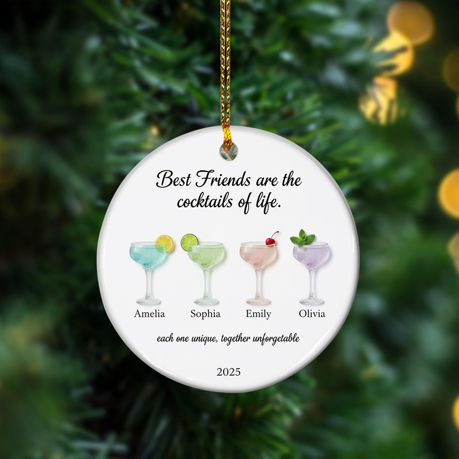 Personalized Cocktail Ceramic Ornament – “Best Friends Are the Cocktails of Life” – Name & Year