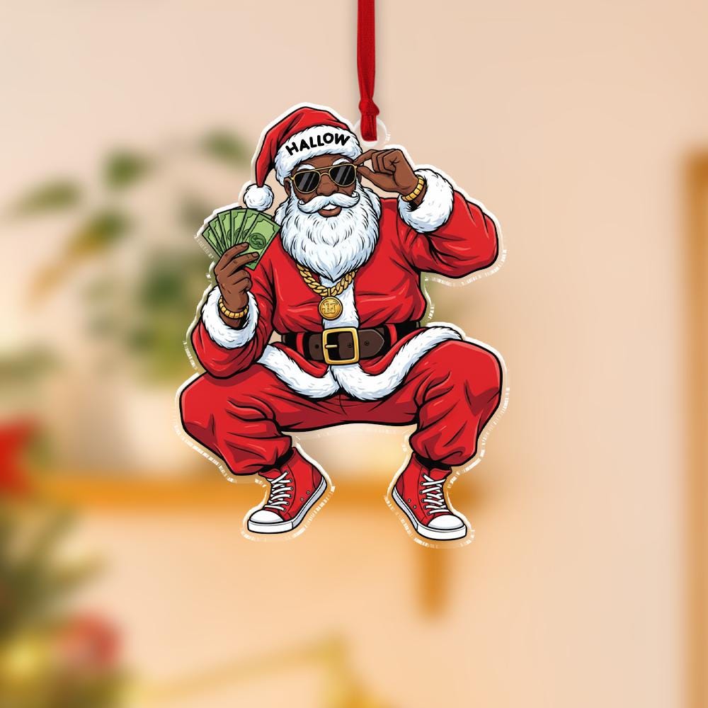 Cool Black Santa Ornament with Money – Hip Hop Christmas Decoration – Custom Acrylic Ornament