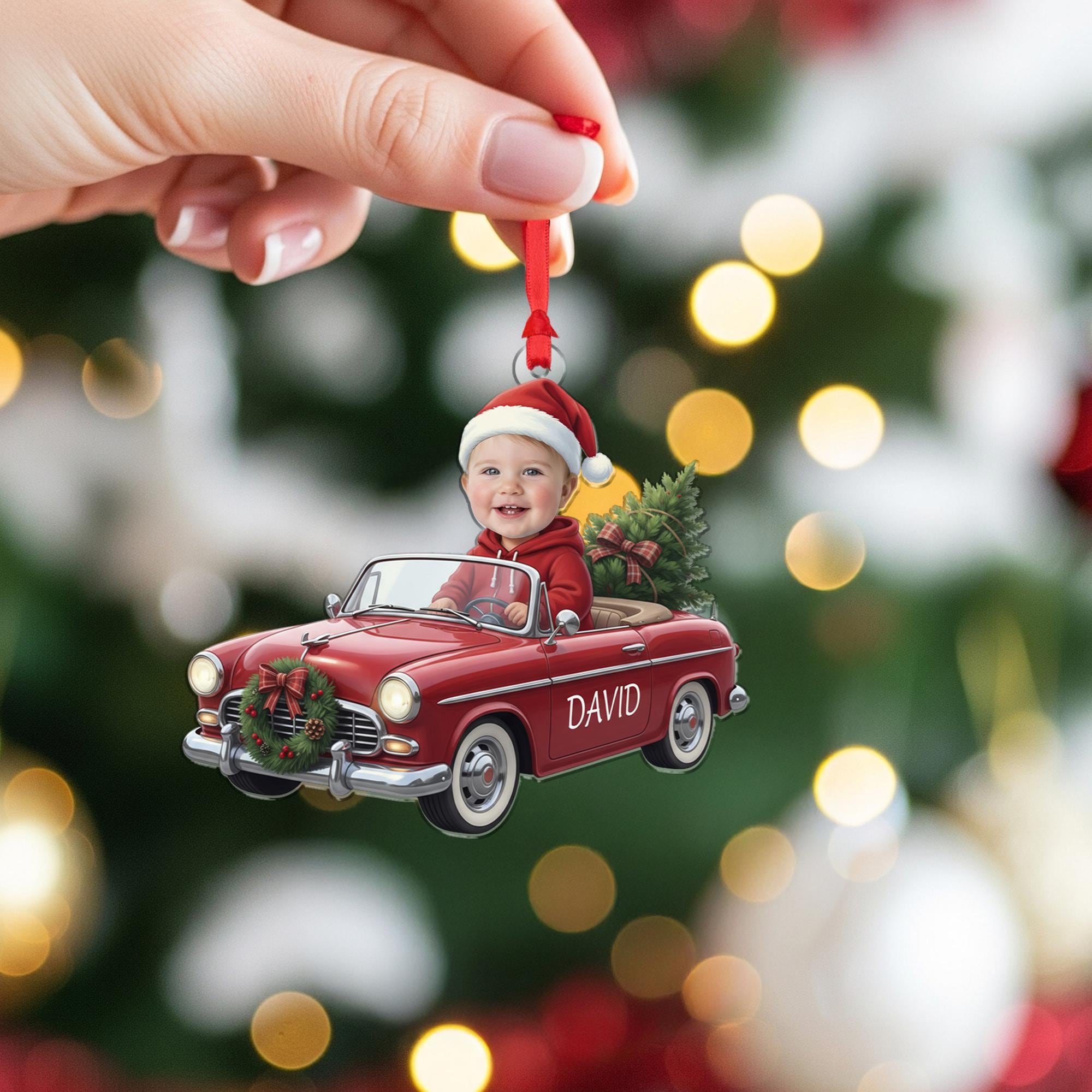 Custom Baby Photo Christmas Car Ornament: Vintage Red Car Keepsake image 4