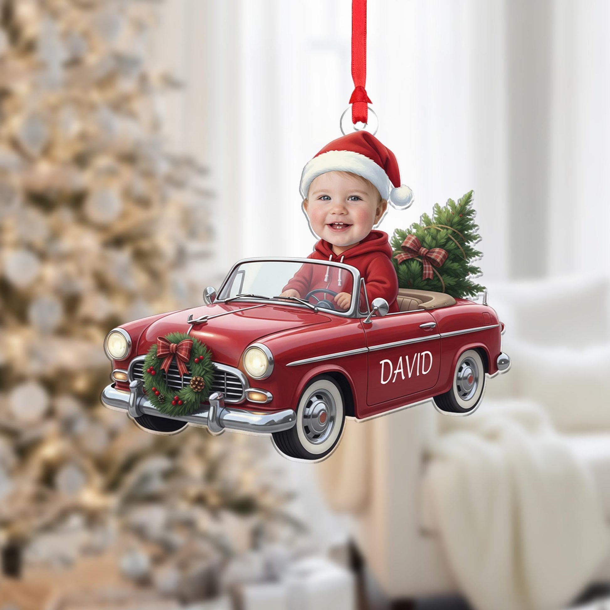 Custom Baby Photo Christmas Car Ornament: Vintage Red Car Keepsake image 2