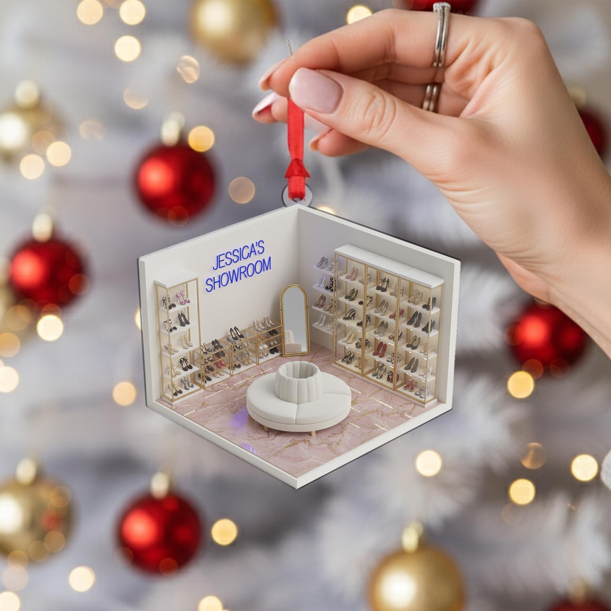 Personalized Shoe Showroom Ornament, Custom Name Christmas Tree Decoration with Closet and Mirror Design