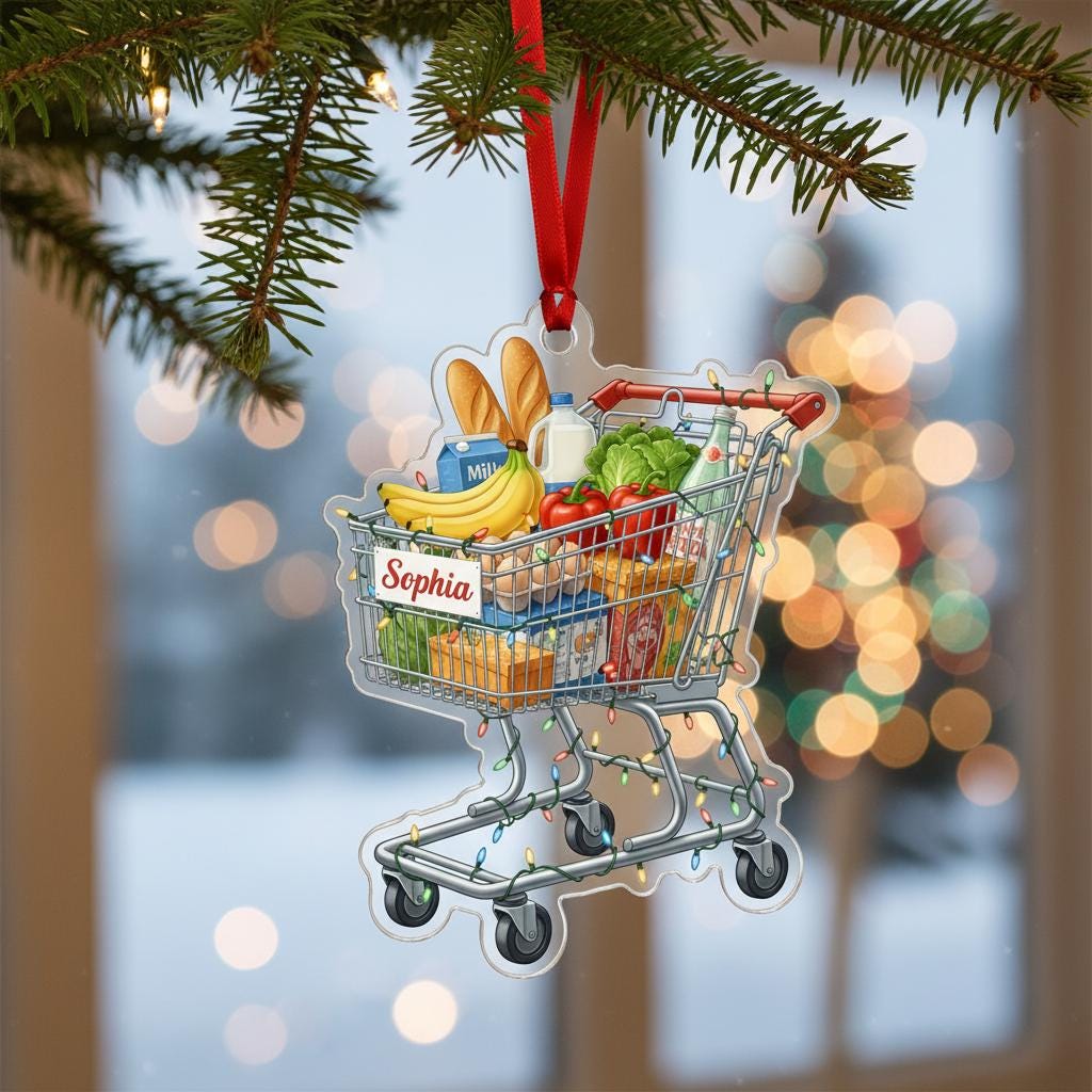 Personalized Shopping Cart Acrylic Ornament — Name Custom Keepsake, Holiday Decor