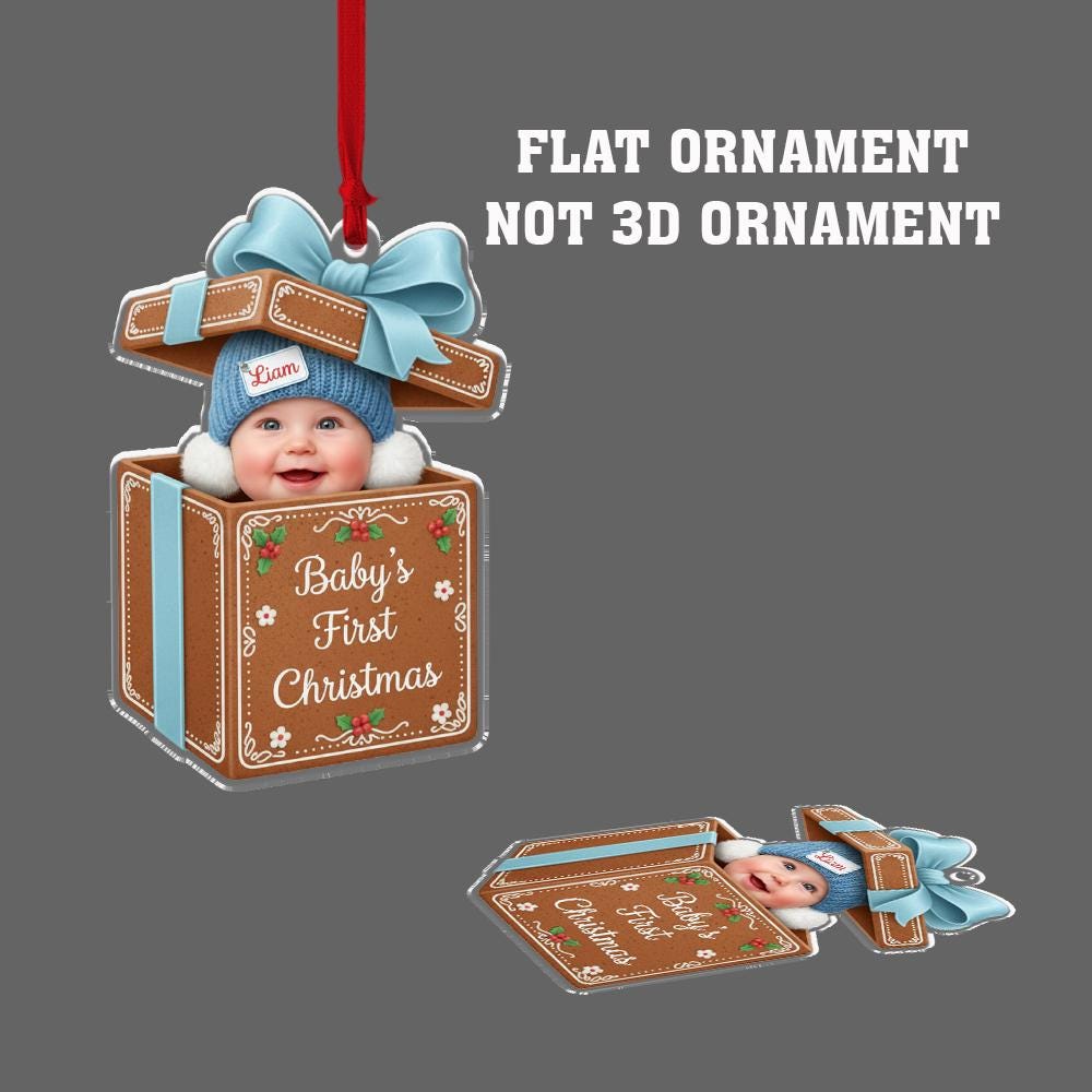 Acrylic Ornament: Baby in Gift Box Keepsake – First Christmas Photo Design