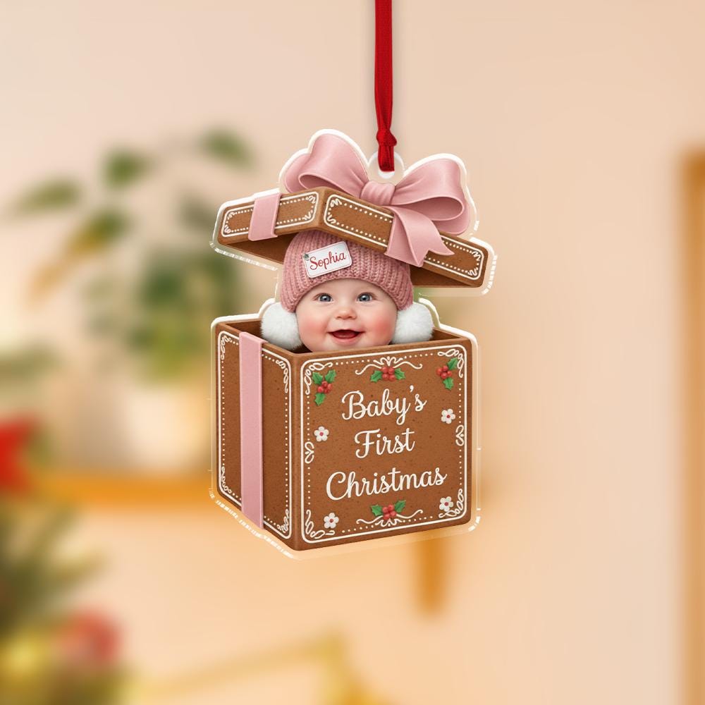 Acrylic Ornament: Baby in Gift Box Keepsake – First Christmas Photo Design
