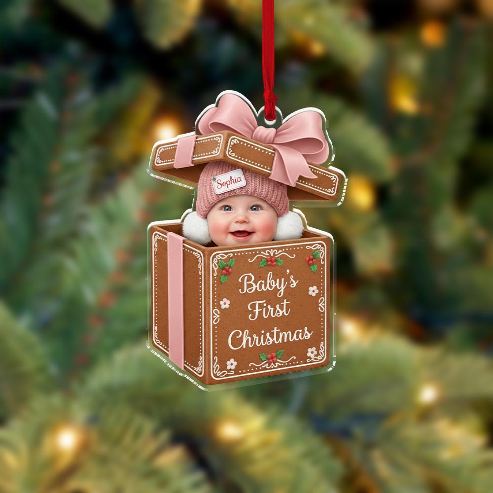 Acrylic Ornament: Baby in Gift Box Keepsake – First Christmas Photo Design