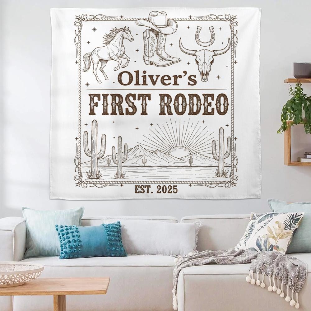 Custom First Rodeo Backdrop, Cowboy Birthday Banner, Western Baby Party Tapestry