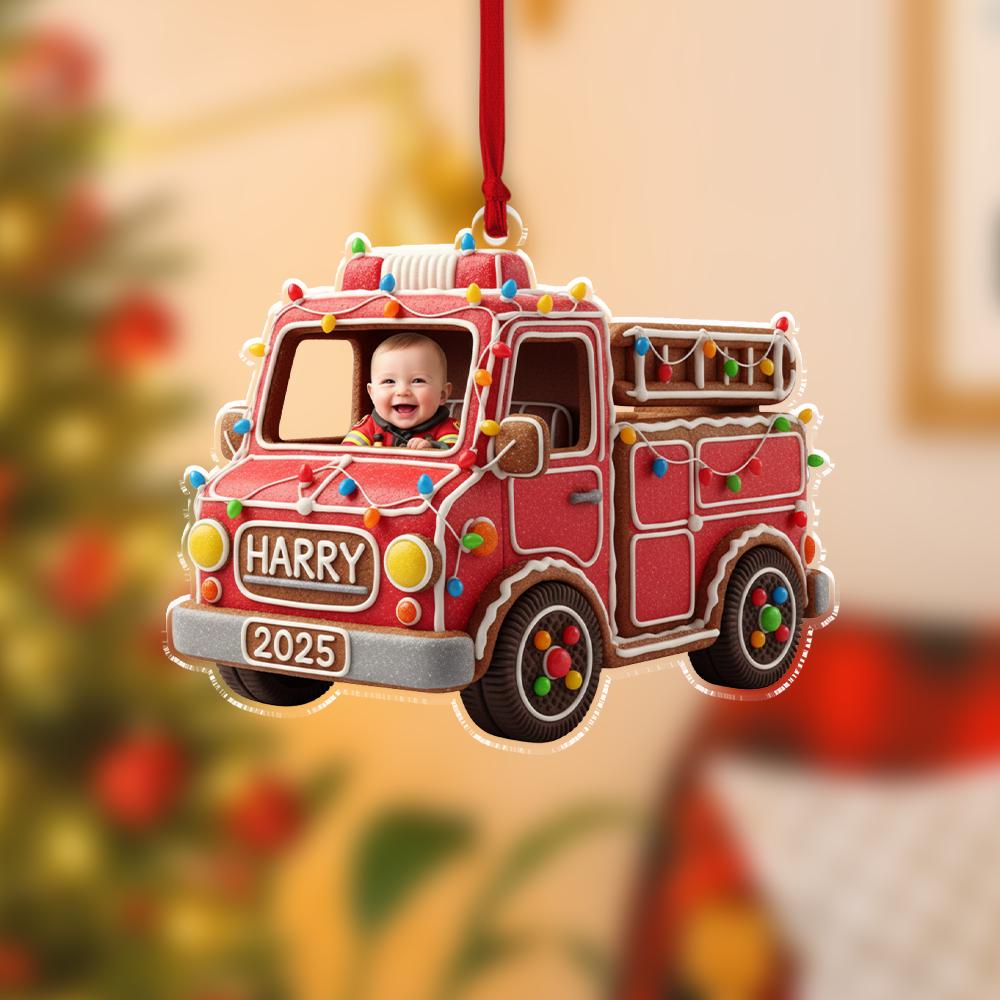 Custom Baby Photo Ornament, Fire Truck Christmas Decoration, Personalized Kids Holiday Keepsake