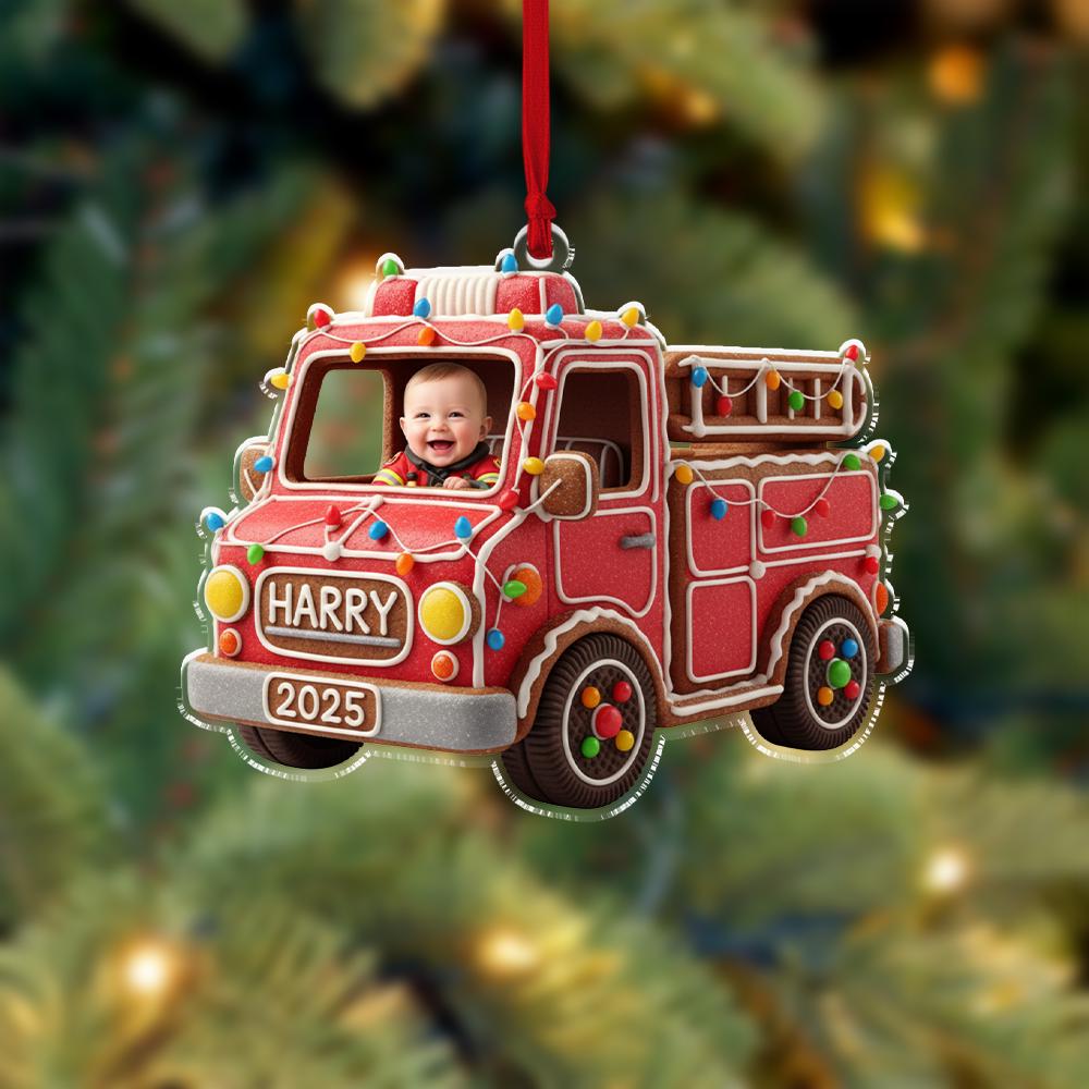 Custom Baby Photo Ornament, Fire Truck Christmas Decoration, Personalized Kids Holiday Keepsake