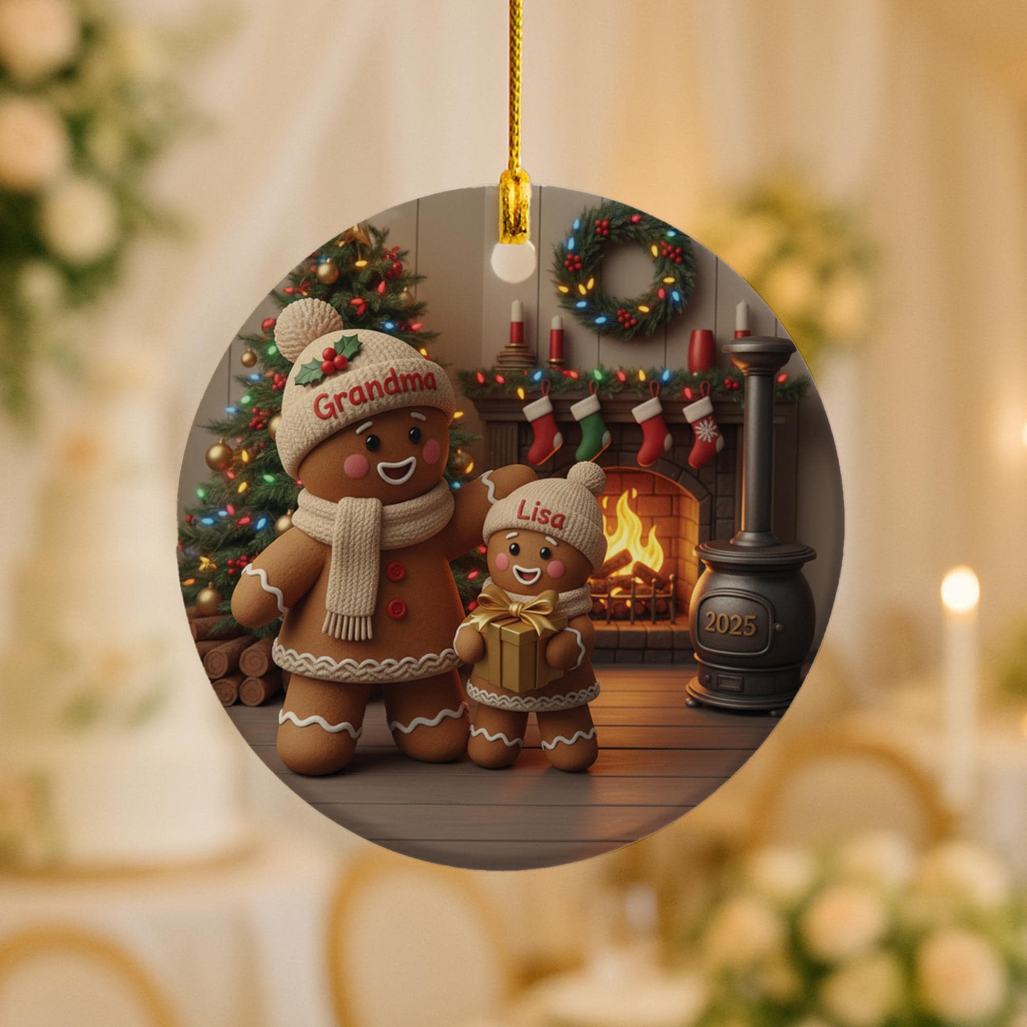 Personalized Gingerbread Ornament: Ceramic Round Keepsake with Grandma & Grandchild, Custom Names, Fireplace Scene, 2025 image 2
