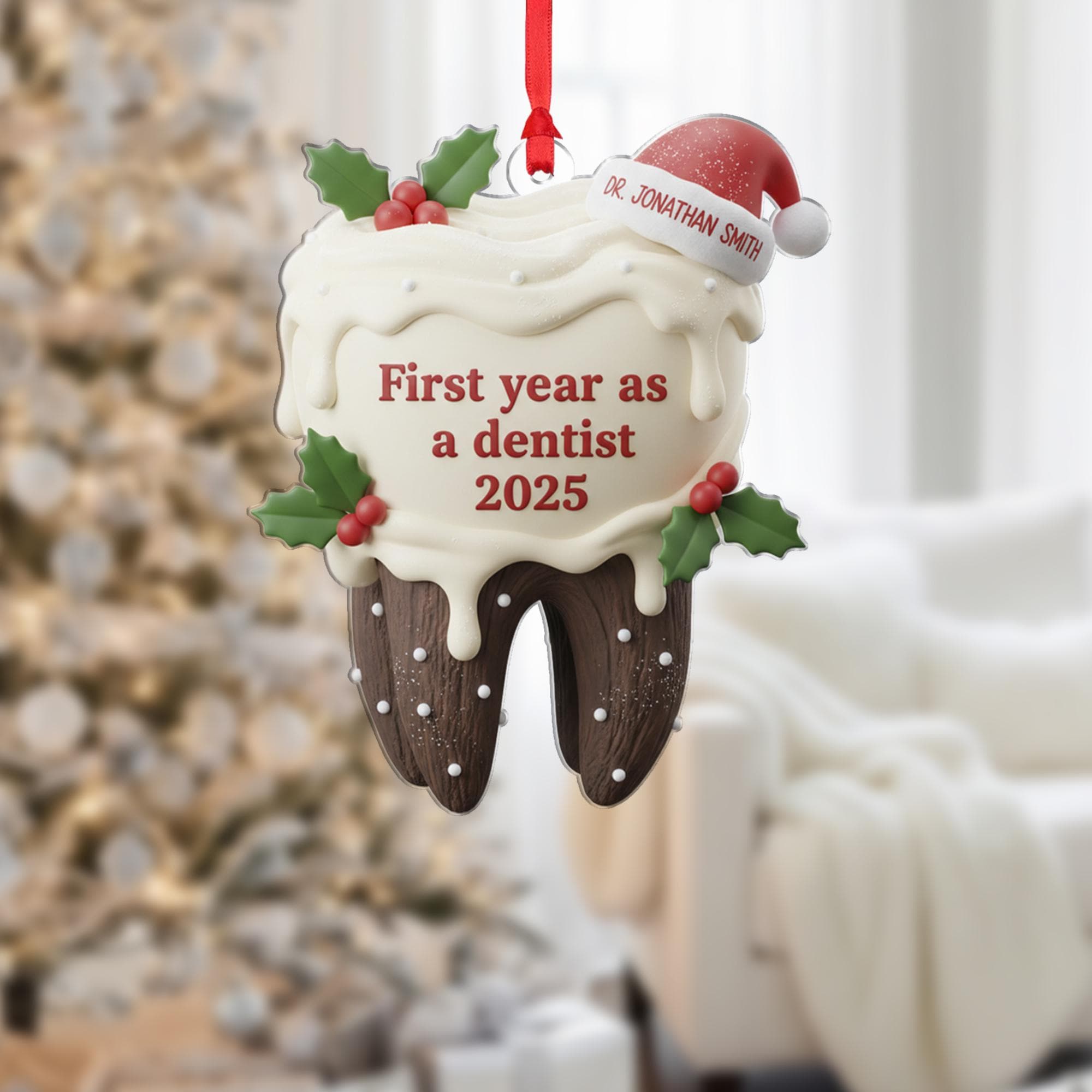 Personalized Dentist Ornament: First Year, Tooth Shape, Bûche de Noël Style image 1