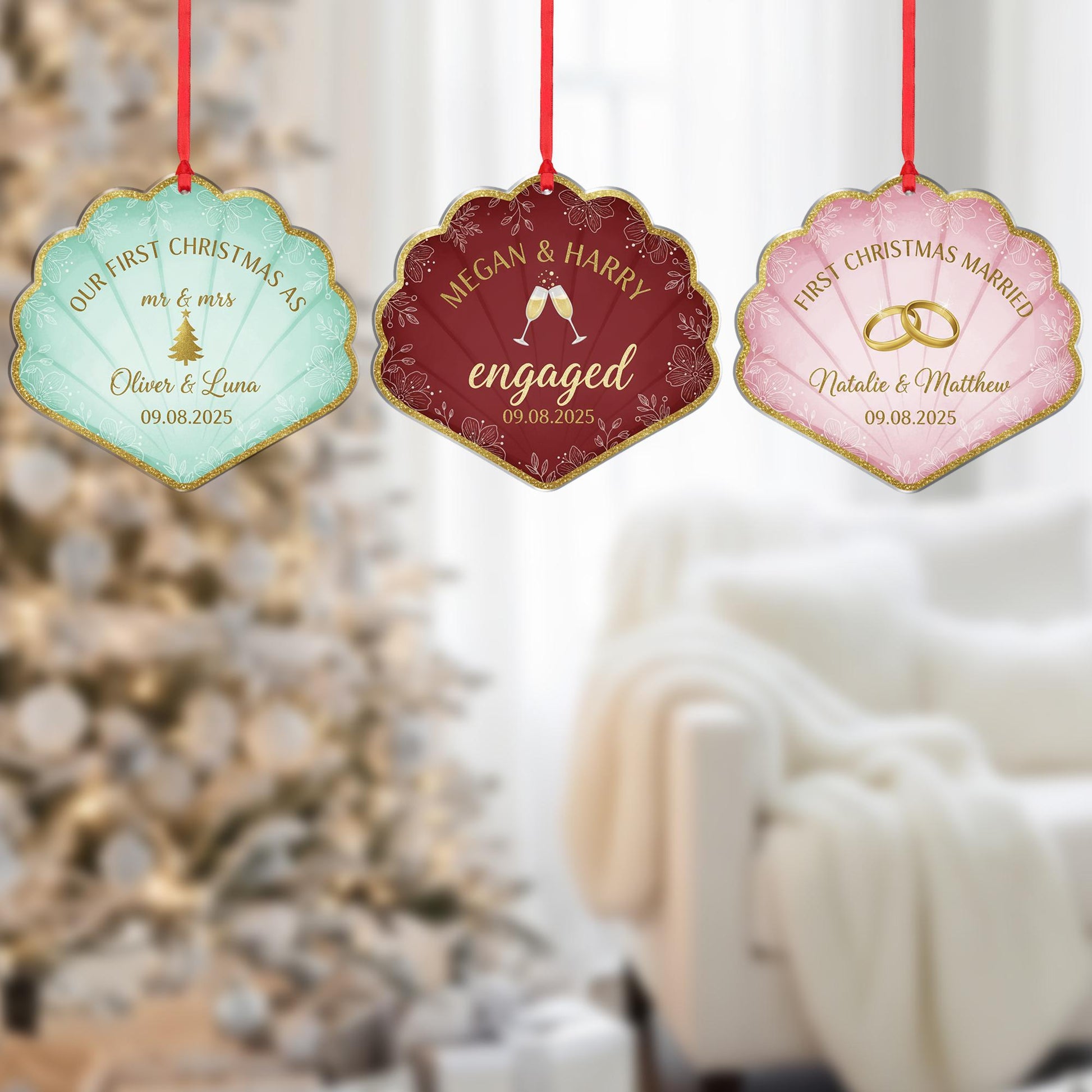 Personalized Couple Ornament – Acrylic Christmas Decoration with Engagement and Wedding Date Design