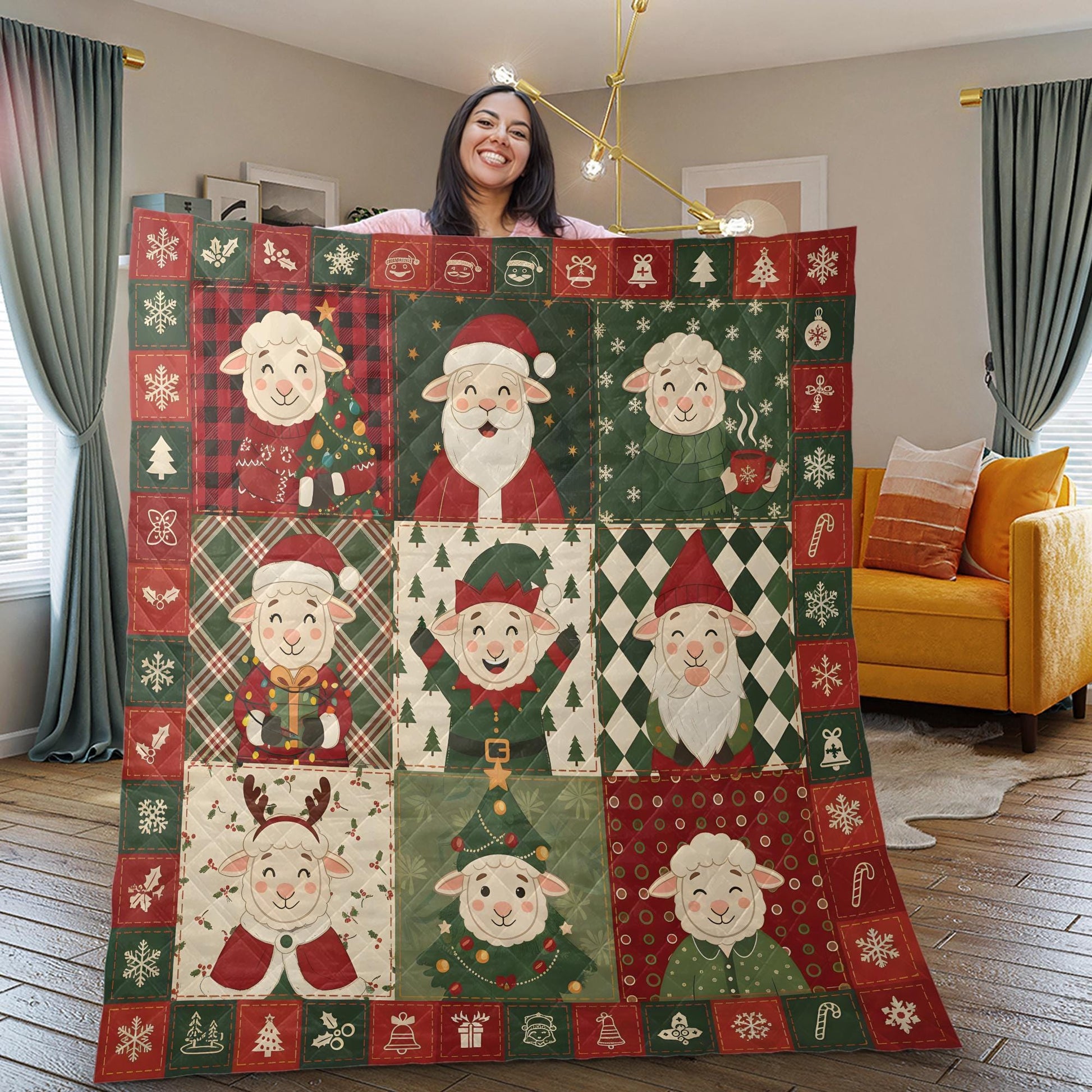 Christmas Sheep Quilt Blanket, Farm Animal Patchwork Throw, Holiday Lamb Pattern