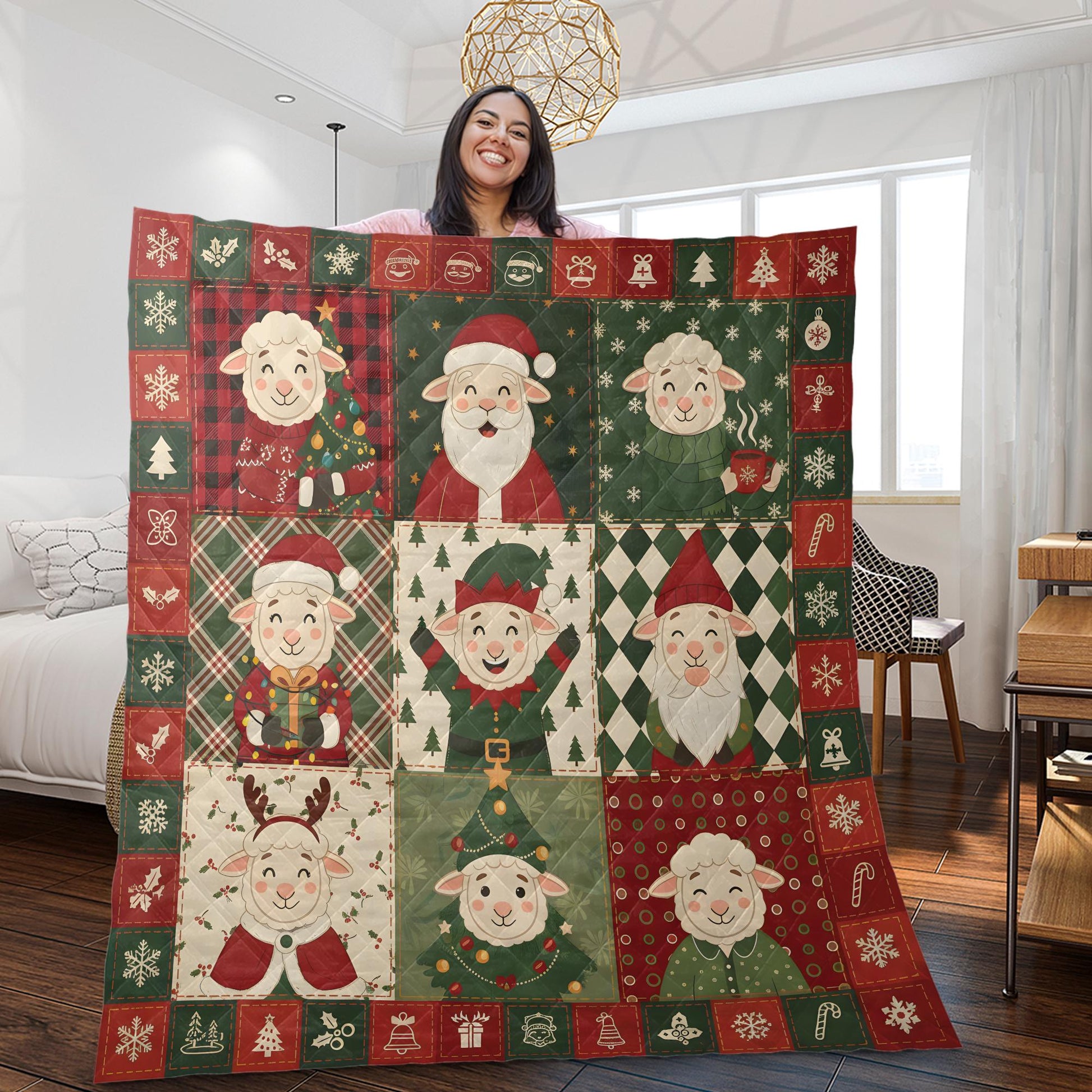 Christmas Sheep Quilt Blanket, Farm Animal Patchwork Throw, Holiday Lamb Pattern