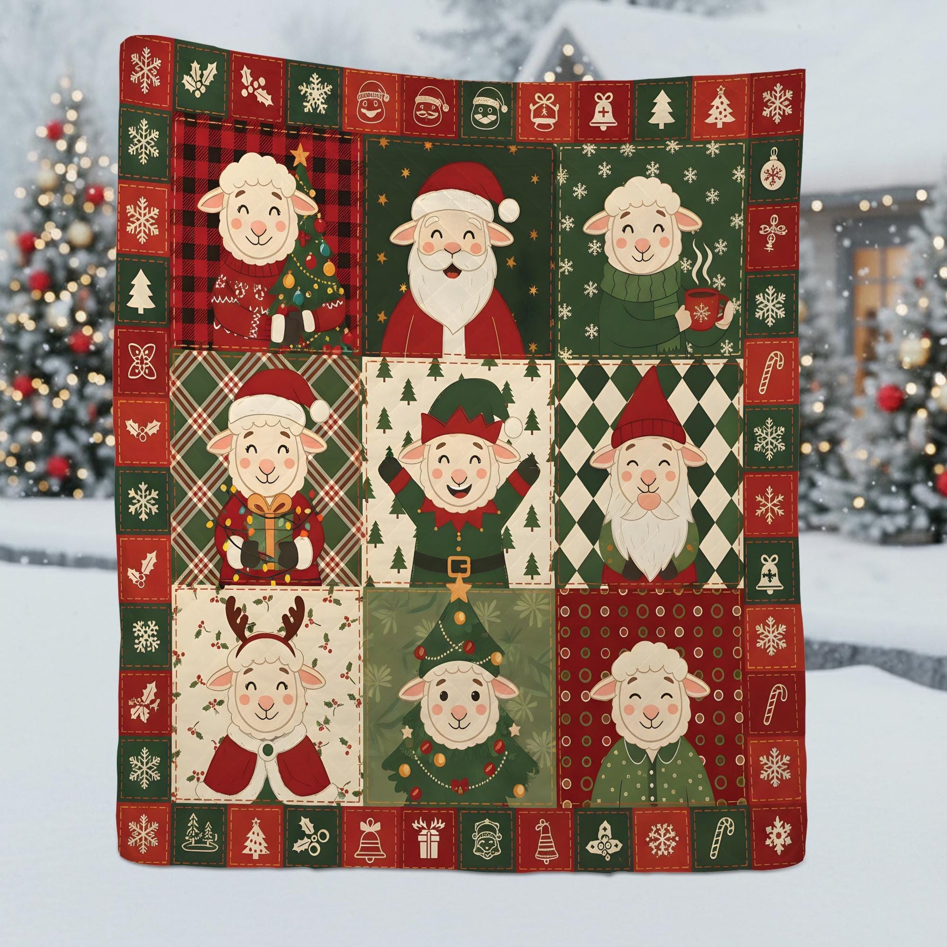 Christmas Sheep Quilt Blanket, Farm Animal Patchwork Throw, Holiday Lamb Pattern