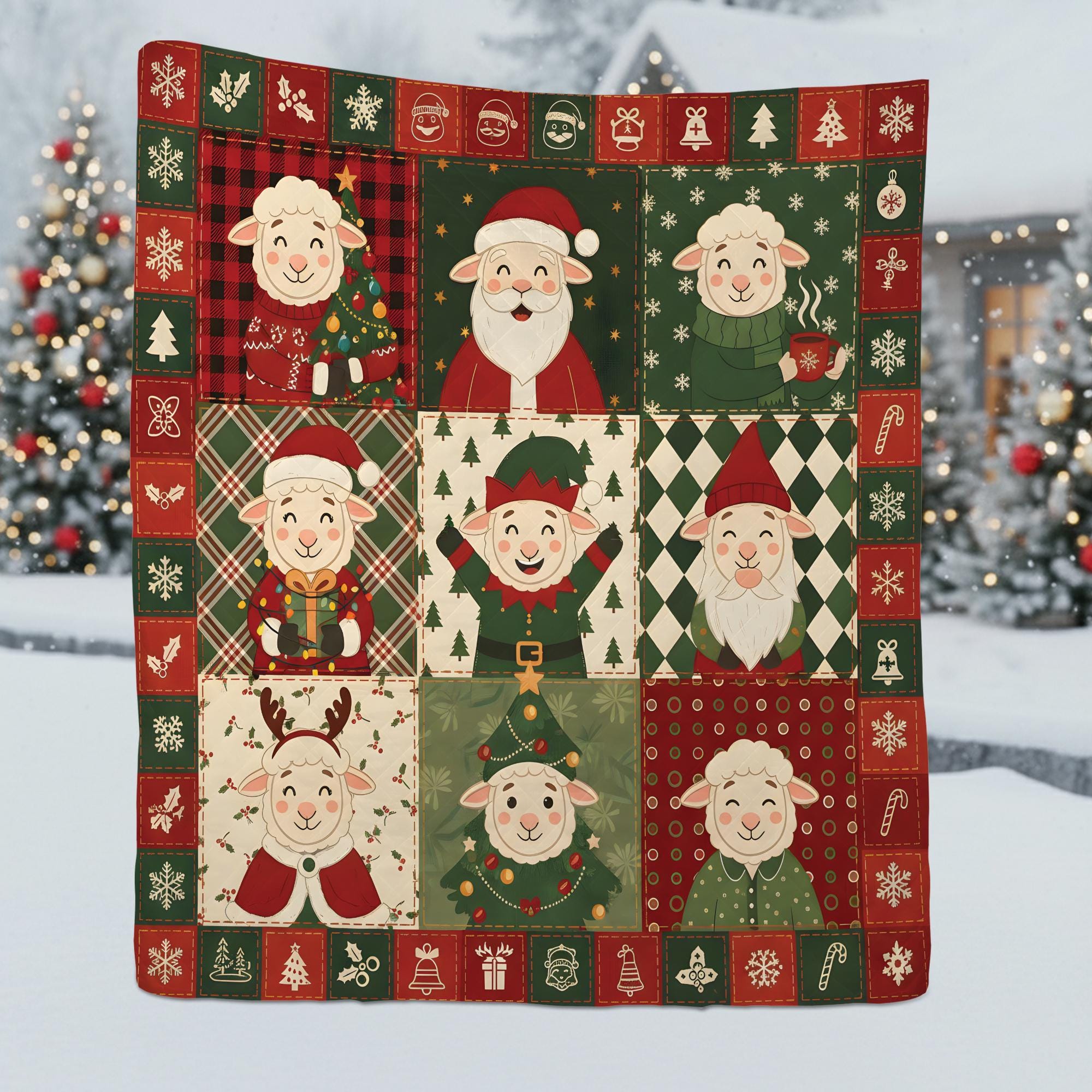 Christmas Sheep Quilt Blanket, Farm Animal Patchwork Throw, Holiday Lamb Pattern