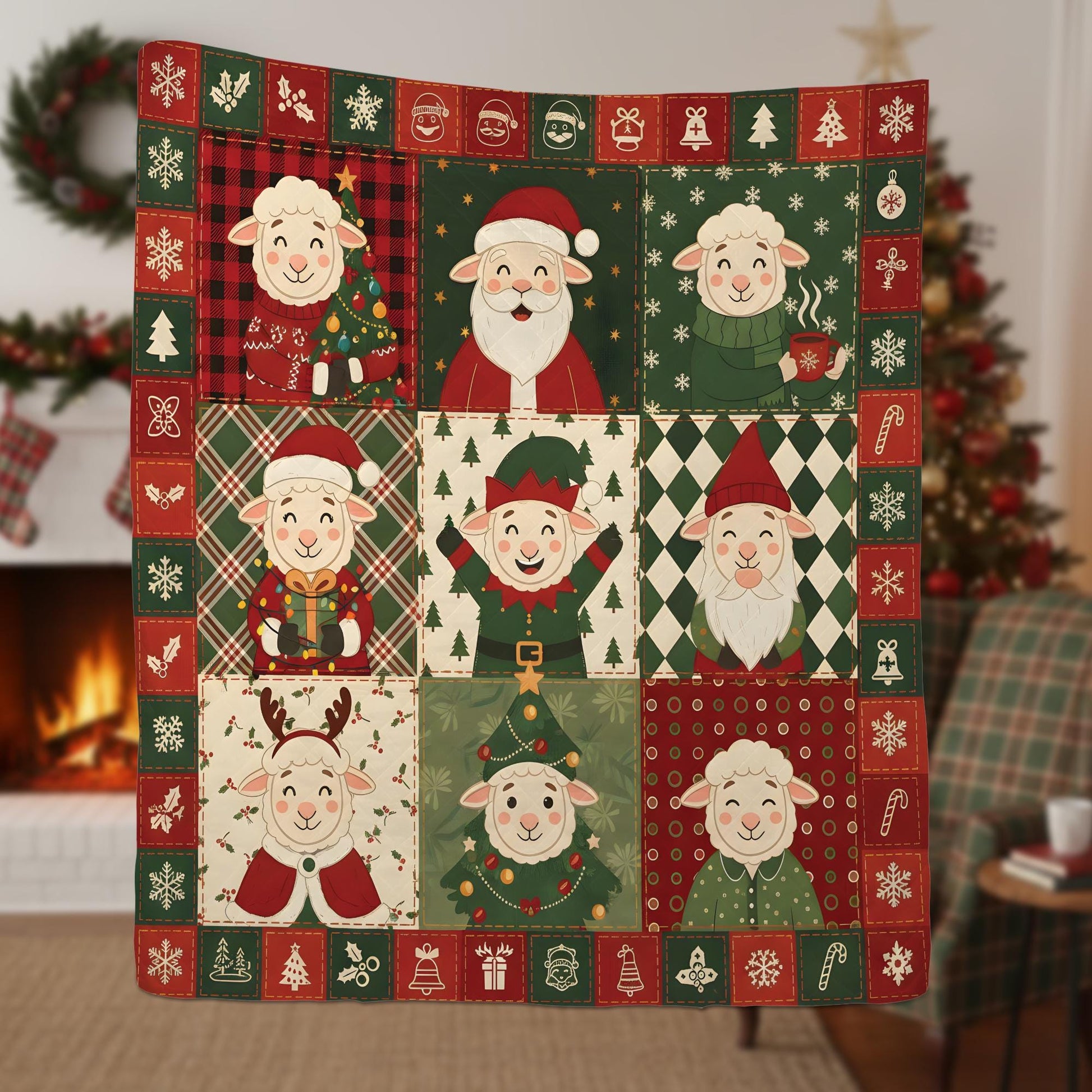 Christmas Sheep Quilt Blanket, Farm Animal Patchwork Throw, Holiday Lamb Pattern