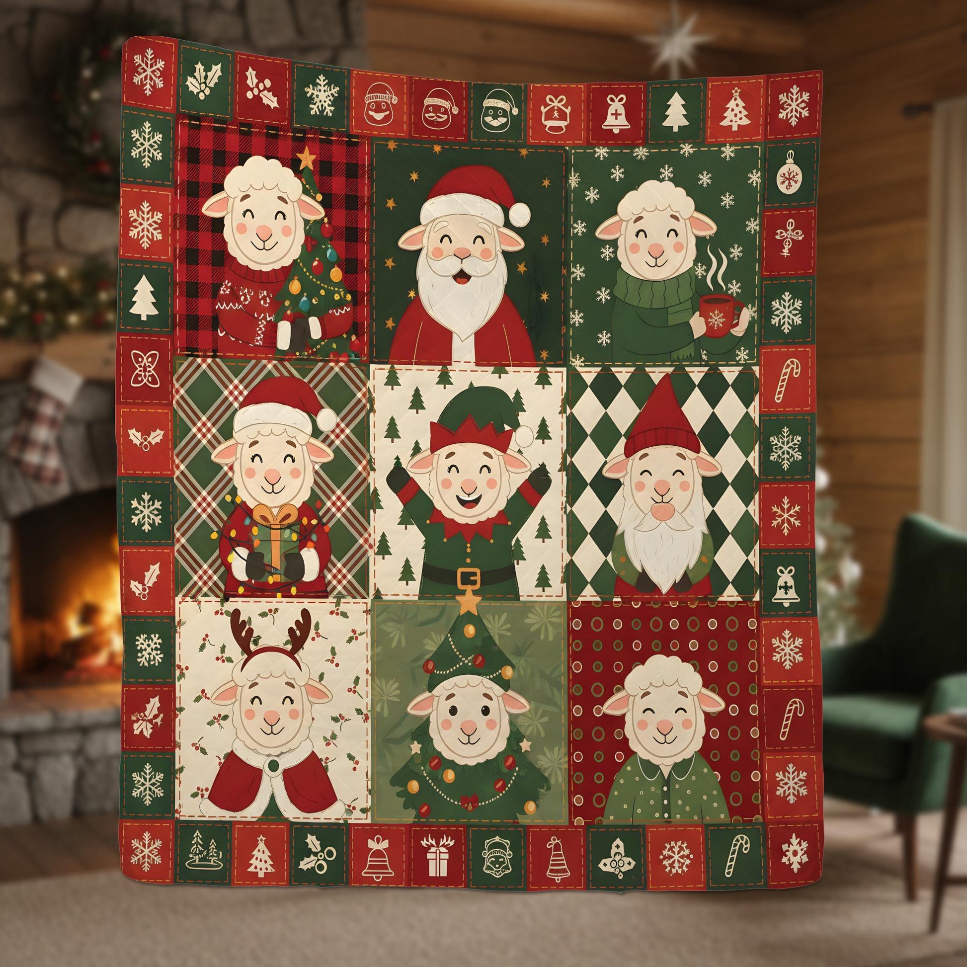 Christmas Sheep Quilt Blanket, Farm Animal Patchwork Throw, Holiday Lamb Pattern