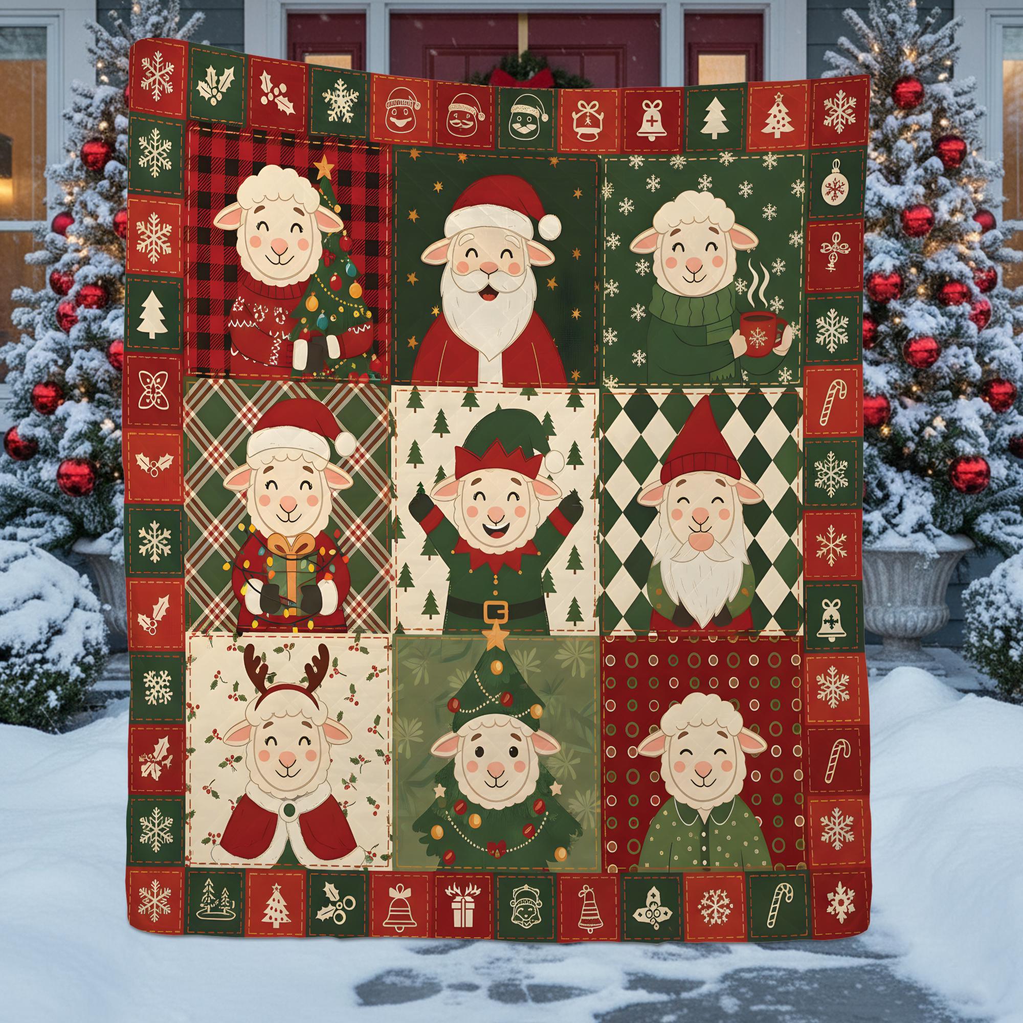 Christmas Sheep Quilt Blanket, Farm Animal Patchwork Throw, Holiday Lamb Pattern