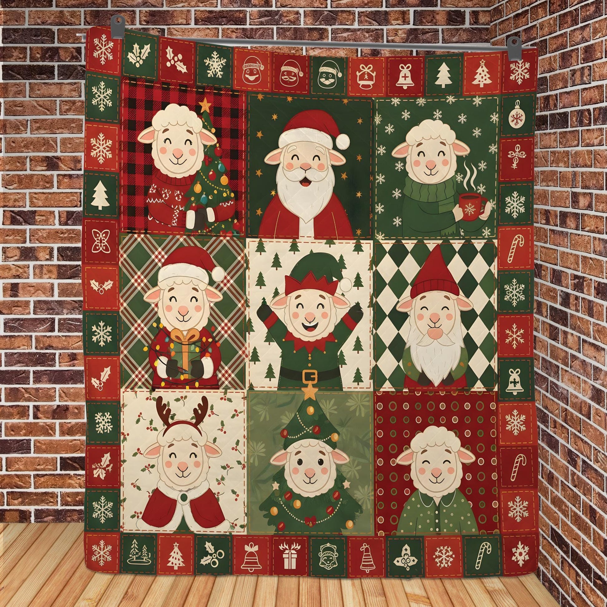 Christmas Sheep Quilt Blanket, Farm Animal Patchwork Throw, Holiday Lamb Pattern