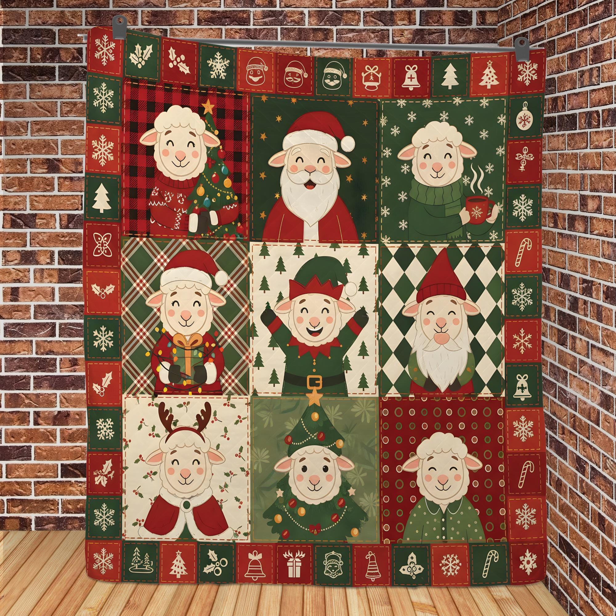 Christmas Sheep Quilt Blanket, Farm Animal Patchwork Throw, Holiday Lamb Pattern