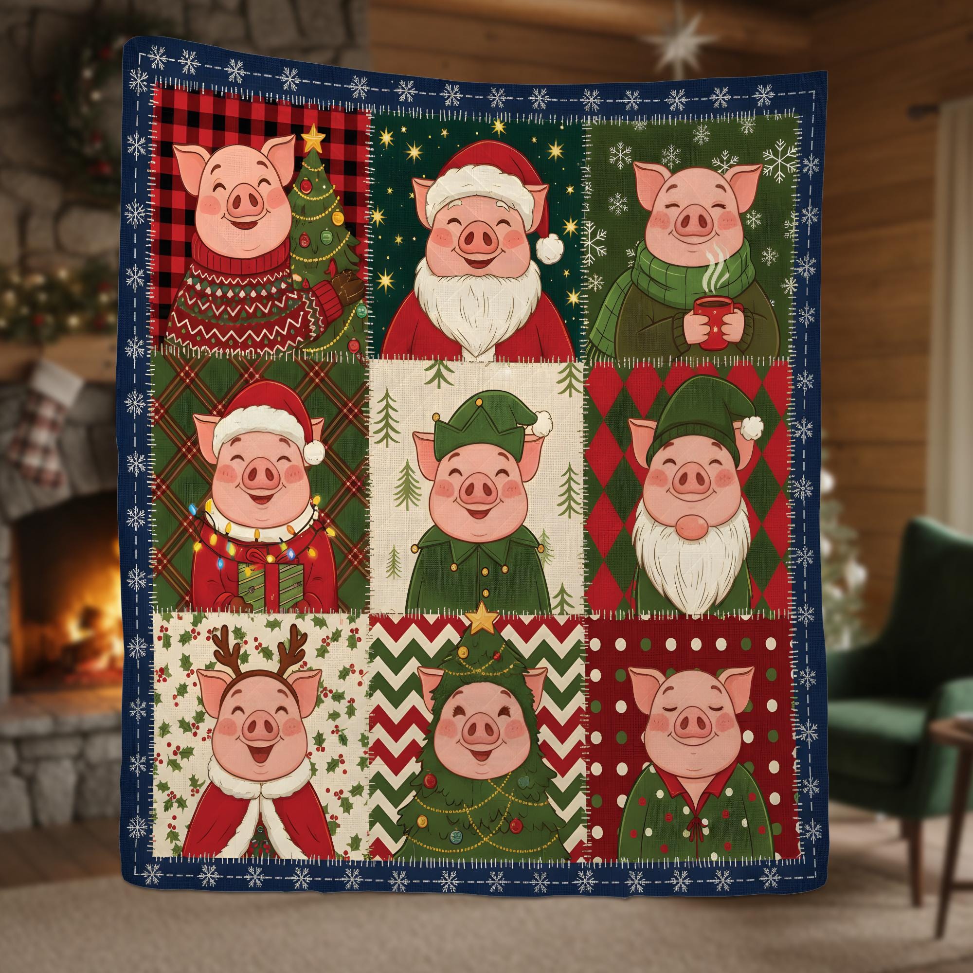 Christmas Pig Quilt Blanket, Farm Animal Patchwork Throw, Winter Bedding Decor