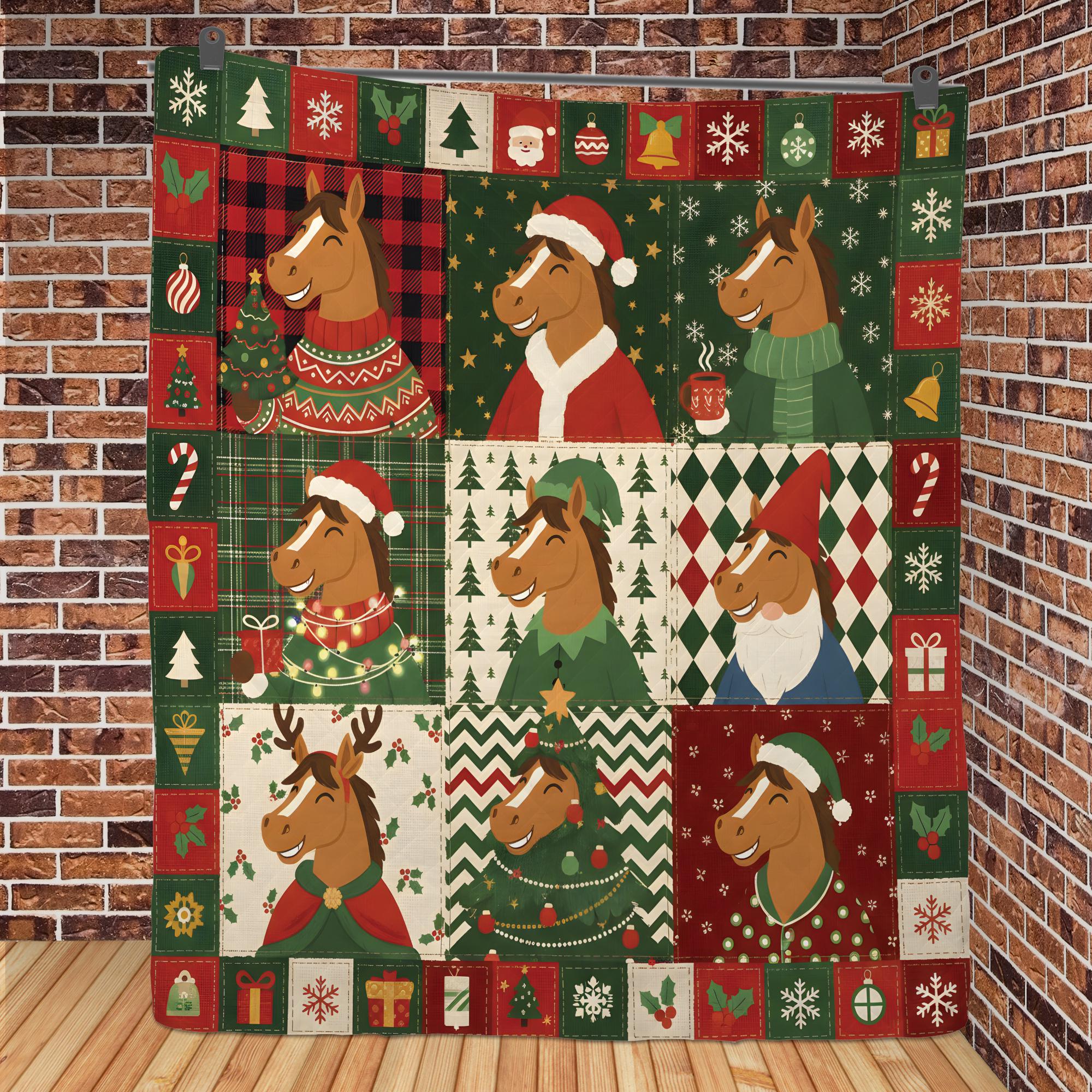 Christmas Horse Quilt Blanket, Farm Animal Patchwork Throw, Winter Bedding Decor
