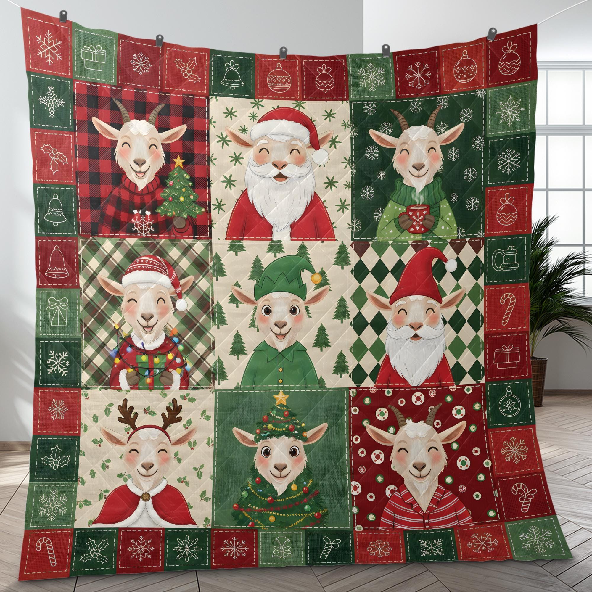 Christmas Goat Quilt Blanket, Farm Animal Patchwork Throw, Winter Bedding Decor