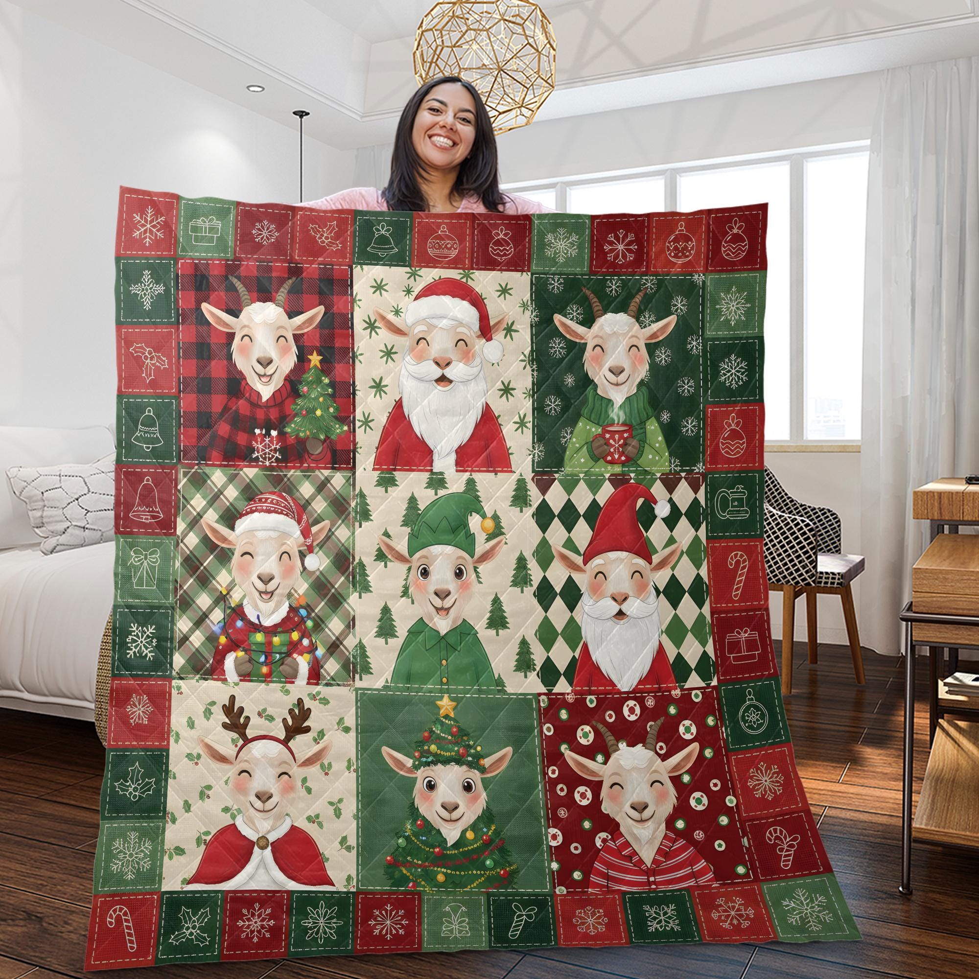 Christmas Goat Quilt Blanket, Farm Animal Patchwork Throw, Winter Bedding Decor