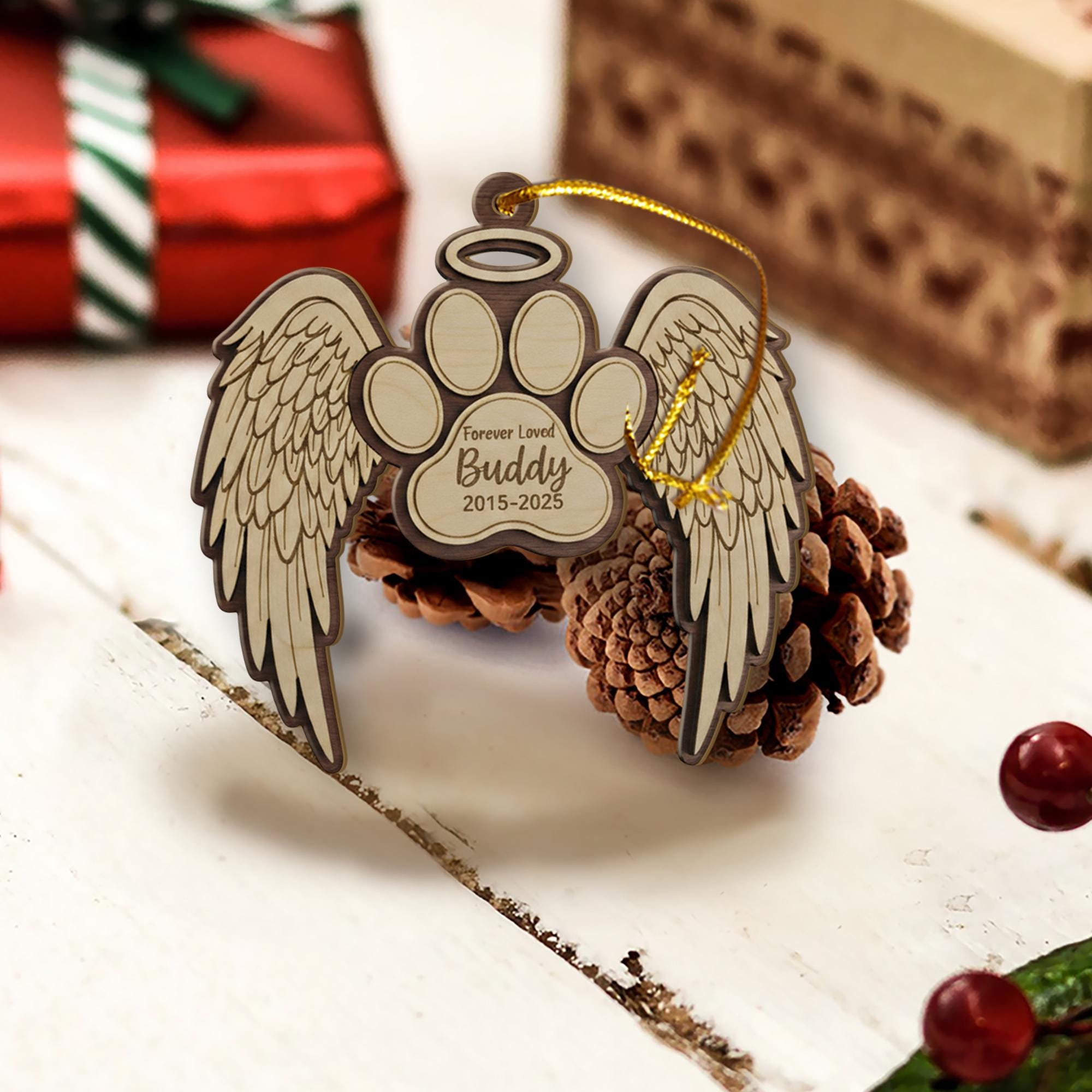 Personalized Pet Wooden Ornament – Paw Angel Wings – Name & Years