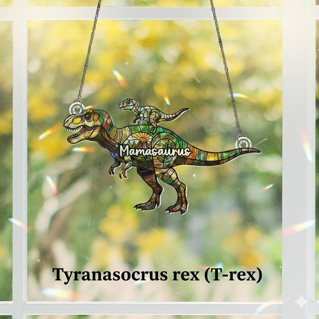 Dinosaur Mom and Baby Holographic Window Hanging, Dinosaur Acrylic Suncatcher