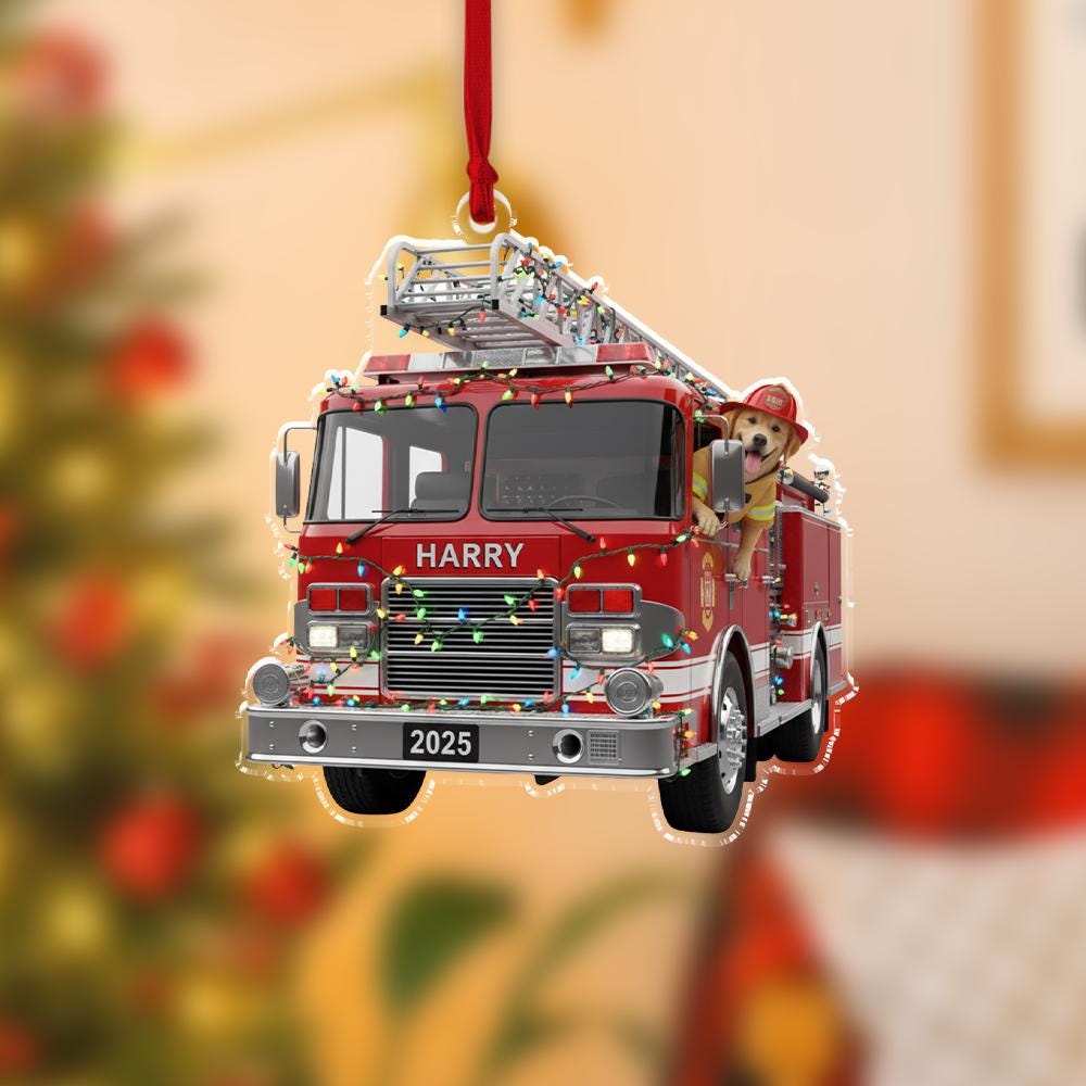 Custom Dog Firefighter Truck Ornament, Personalized Fire Truck Christmas Decoration