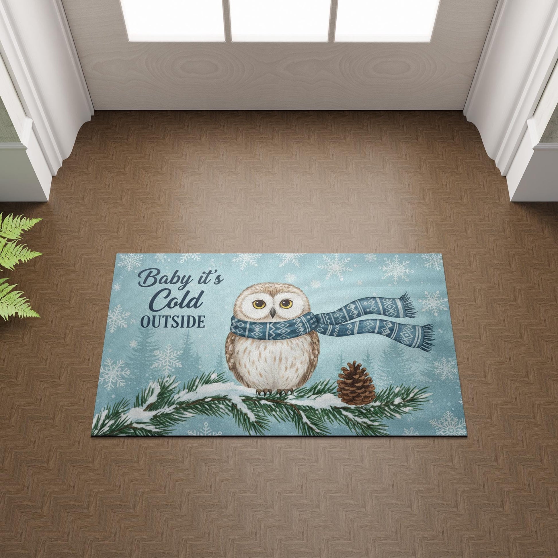 Custom Outdoor Snowy Owl Doormat – “Baby It’s Cold Outside” Winter Welcome Mat