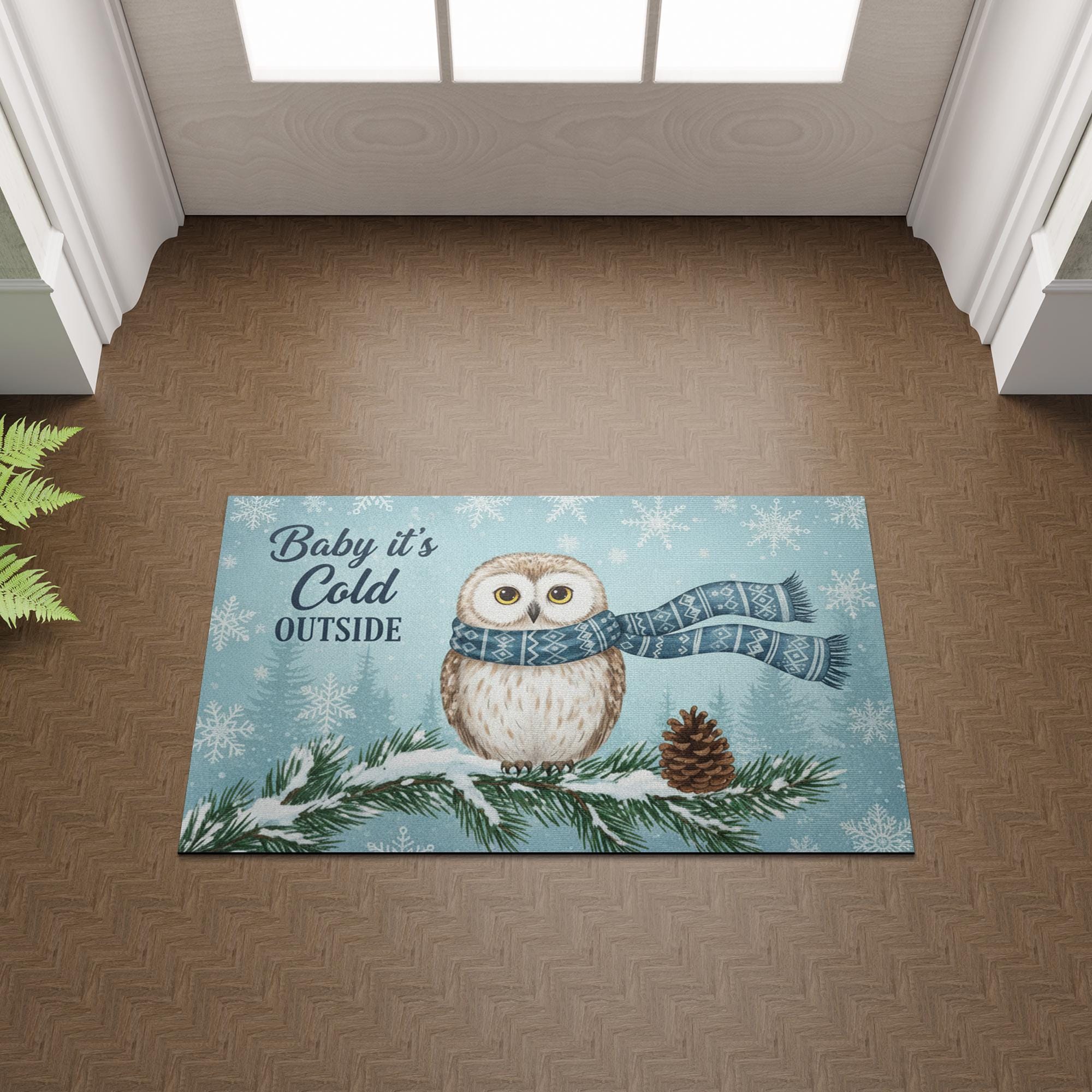Custom Outdoor Snowy Owl Doormat – “Baby It’s Cold Outside” Winter Welcome Mat