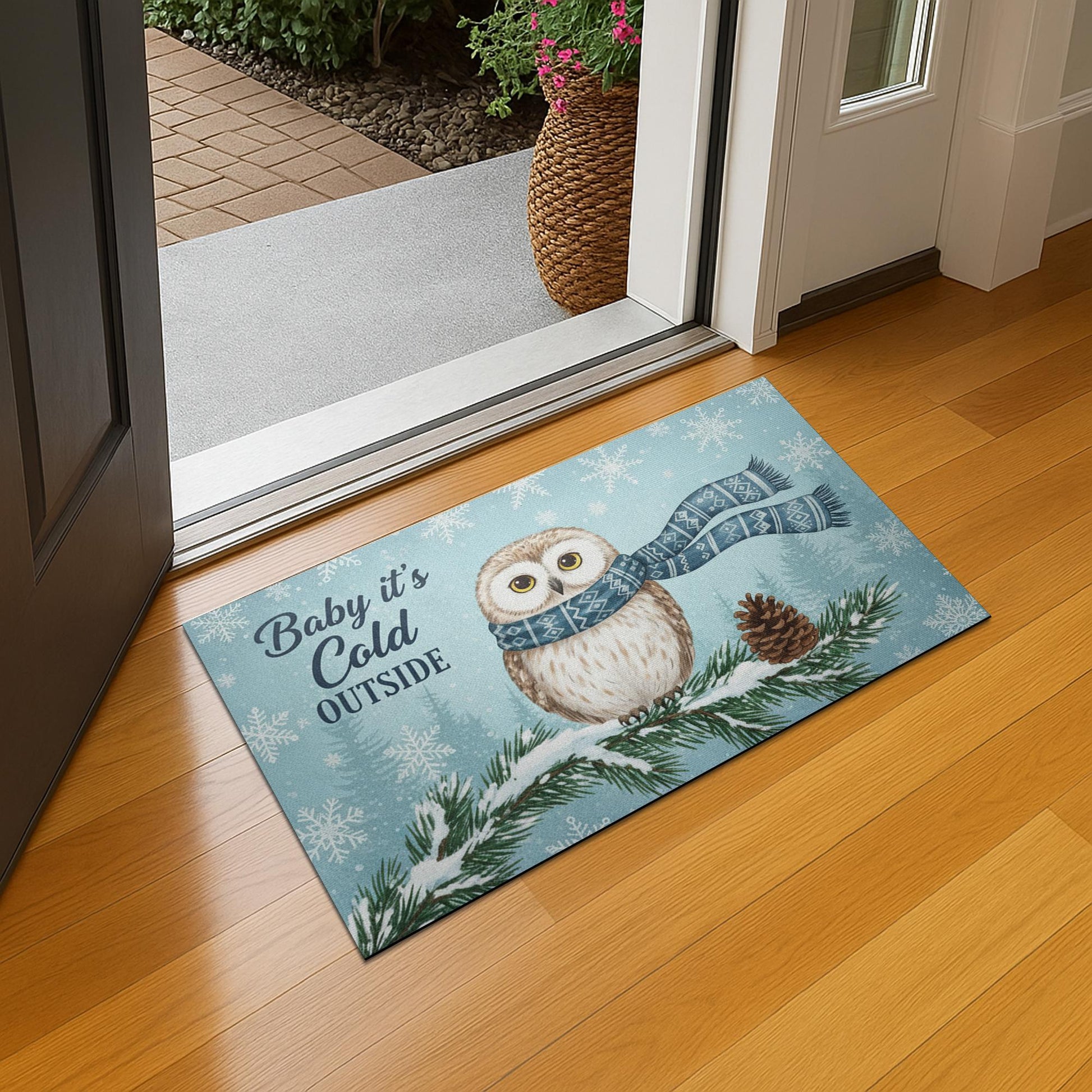 Custom Outdoor Snowy Owl Doormat – “Baby It’s Cold Outside” Winter Welcome Mat
