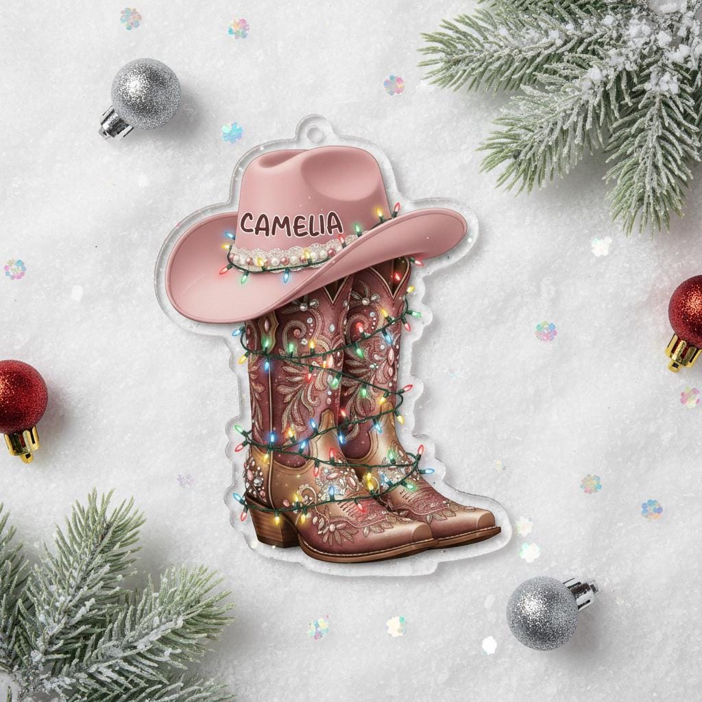 Personalized Cowgirl Boots & Hat Christmas Ornament - Custom Western Name Gift
